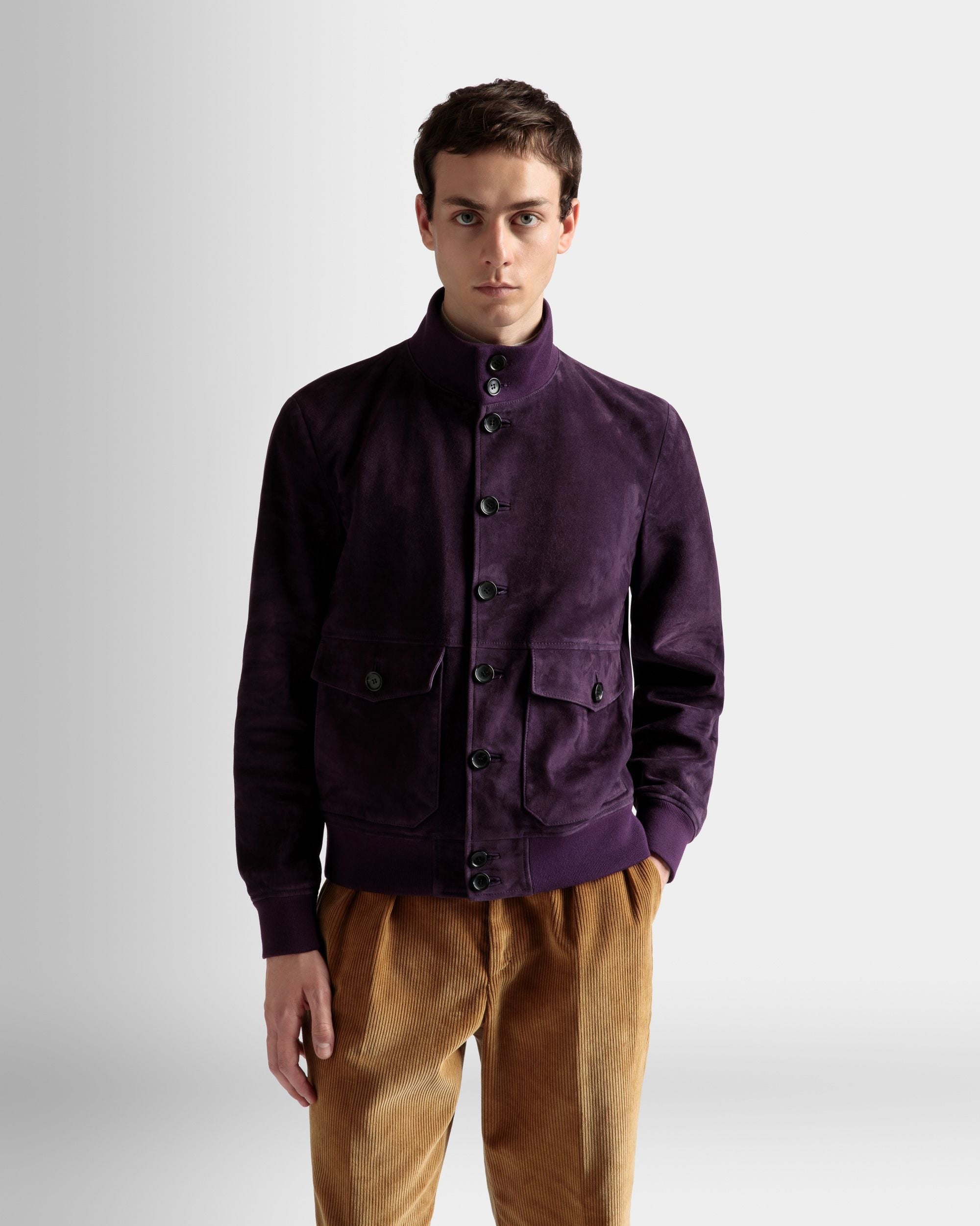 Bally Global - High Neck Bomber Jacket In Orchid Suede - Purple