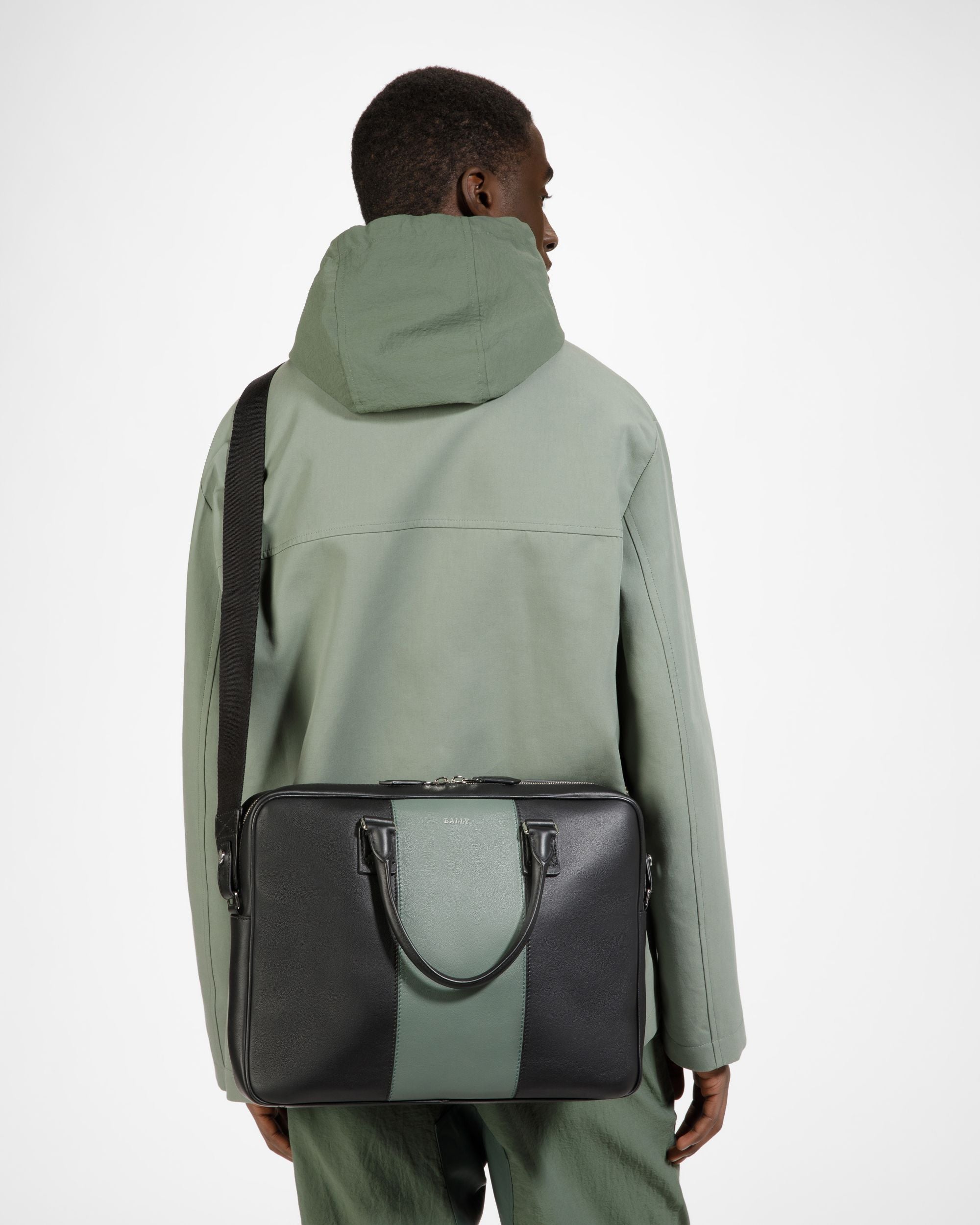 Bally Global - Hesines Leather Business Bag In Black & Green - Multicolor