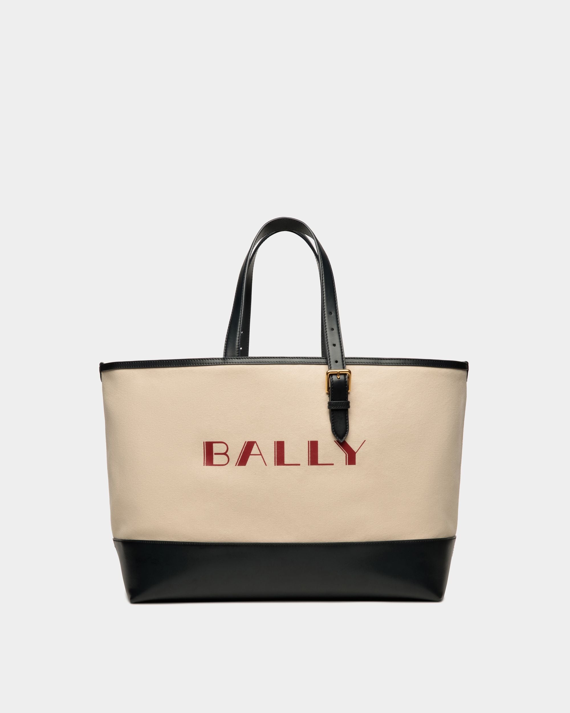 Bally Global - Summer Capsule Tote In Natural And Navy Blue Canvas And Leather - White