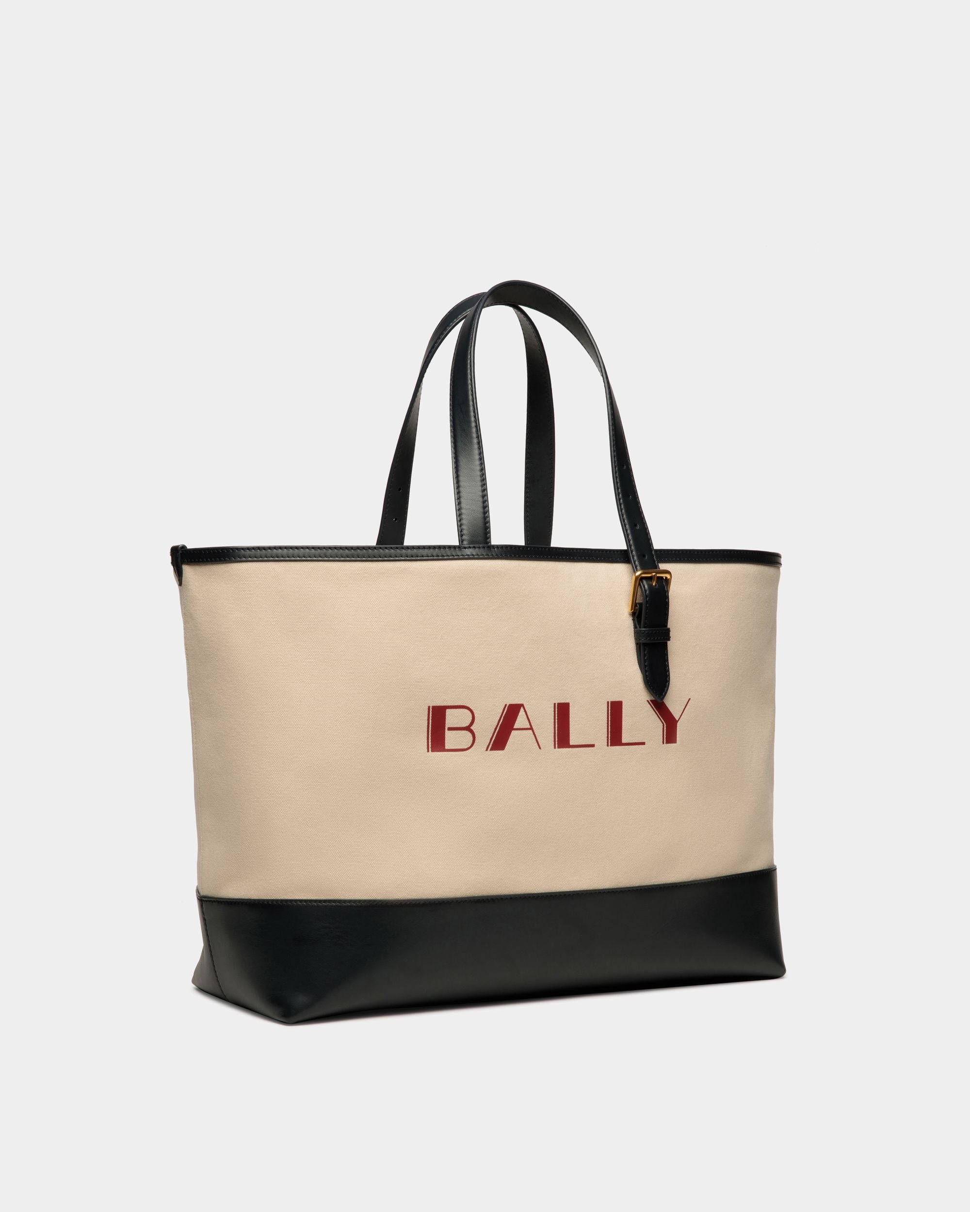Bally Global - Summer Capsule Tote In Natural And Navy Blue Canvas And Leather - White