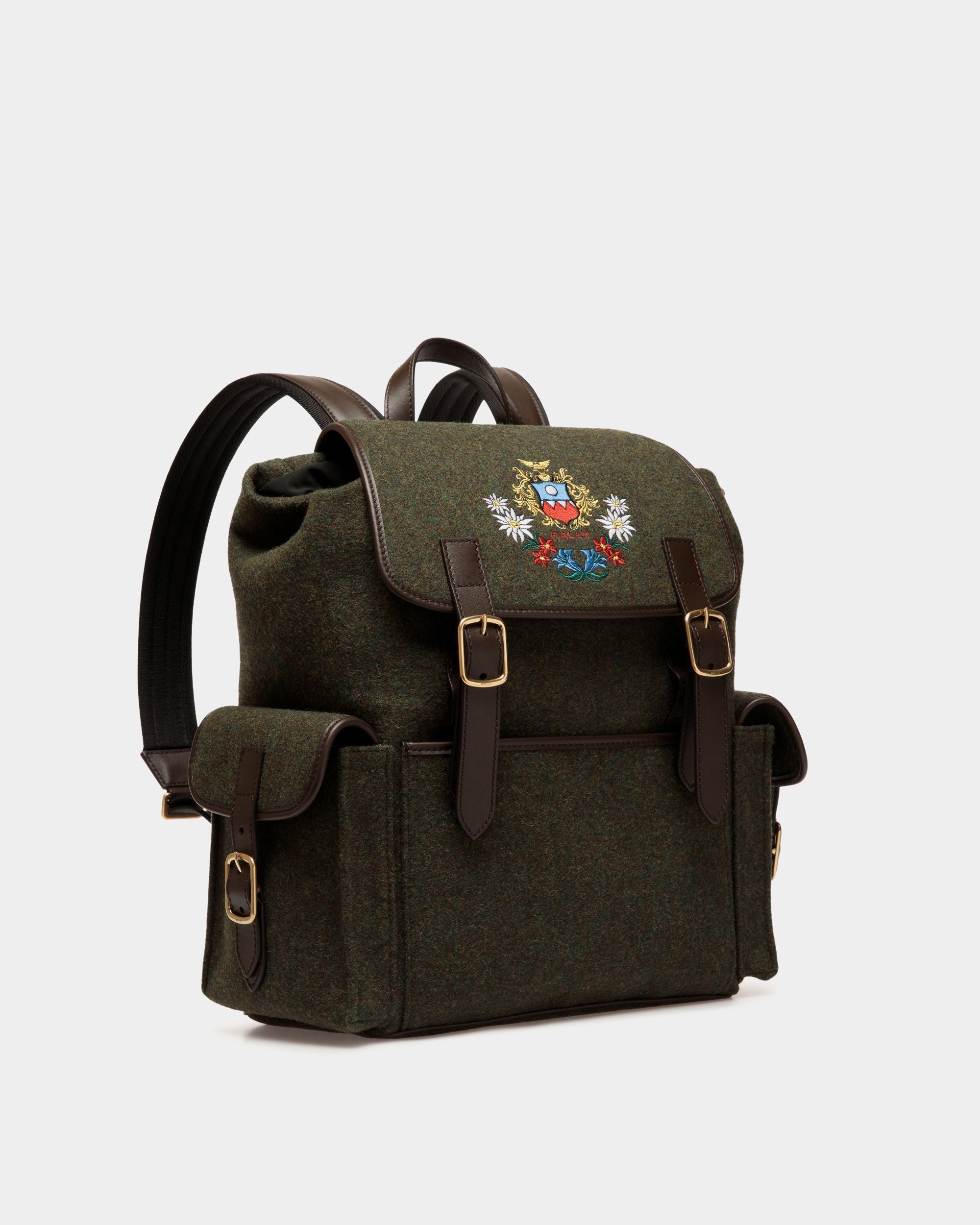Bally Global - Winter Capsule Backpack in Dark Green Wool and Ebano Leather With Alpine Flowers - Green