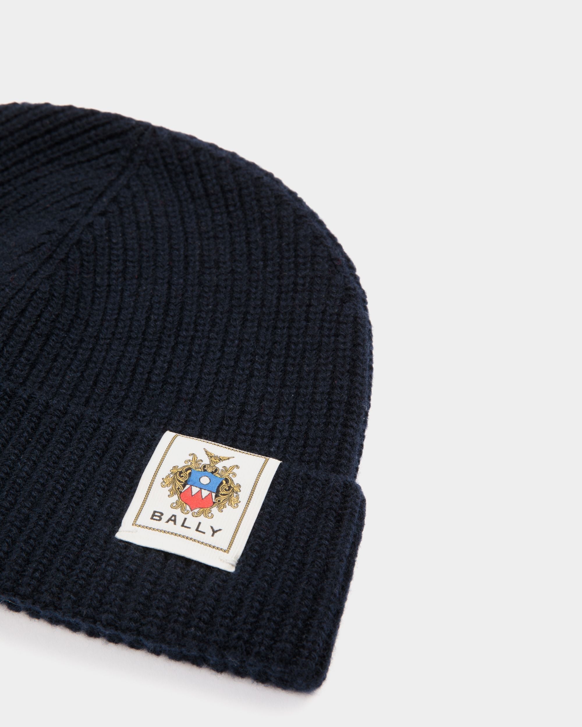 Bally Global - Beanie With Bally Crest Logo In Navy Blue Wool - Blue