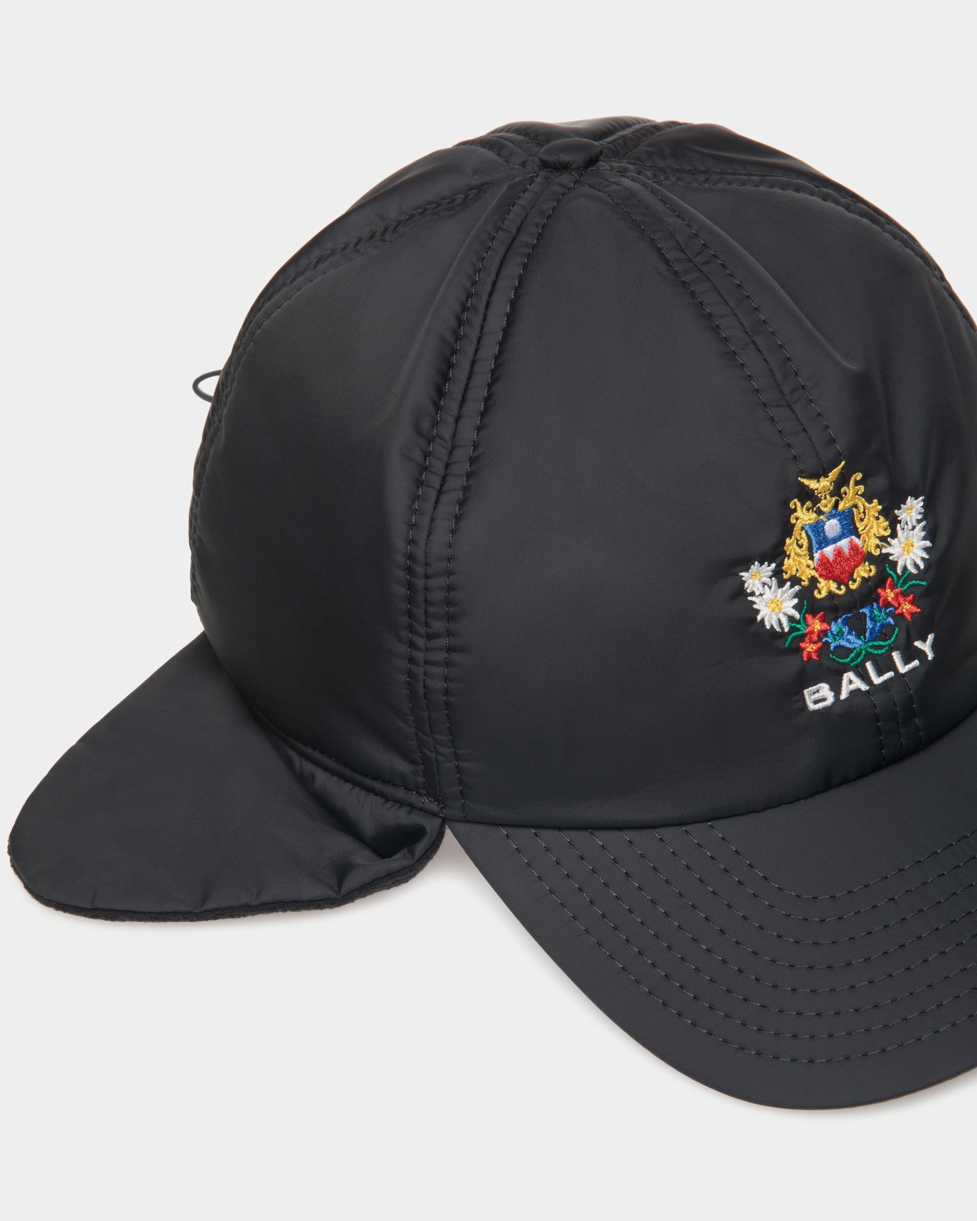Bally Global - Winter Capsule Aviator Hat With Alpine Flowers in Black Recycled Nylon - Black