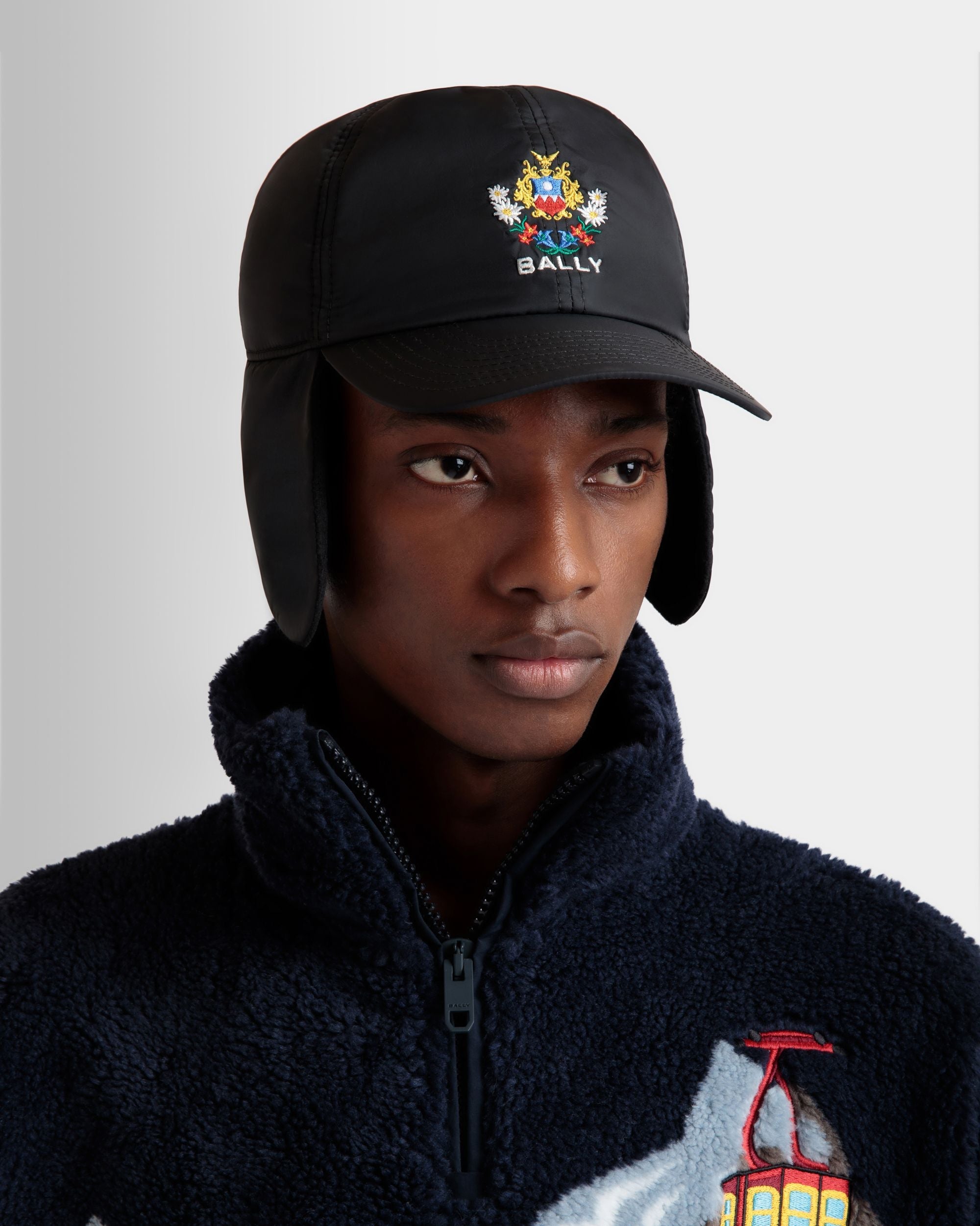 Bally Global - Winter Capsule Aviator Hat With Alpine Flowers in Black Recycled Nylon - Black