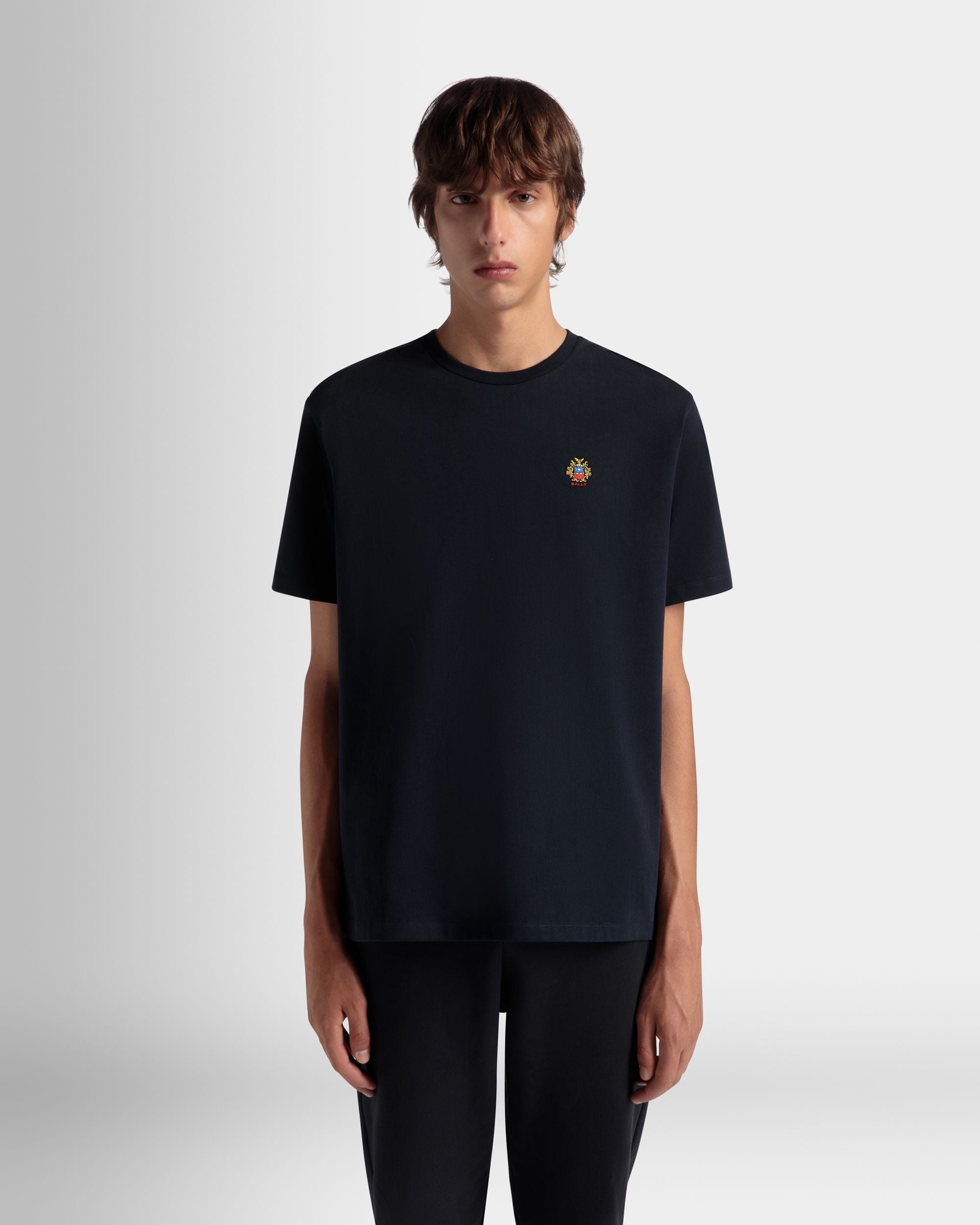 Bally Global - T-Shirt With a Bally Crest Logo In Navy Blue Cotton - Blue