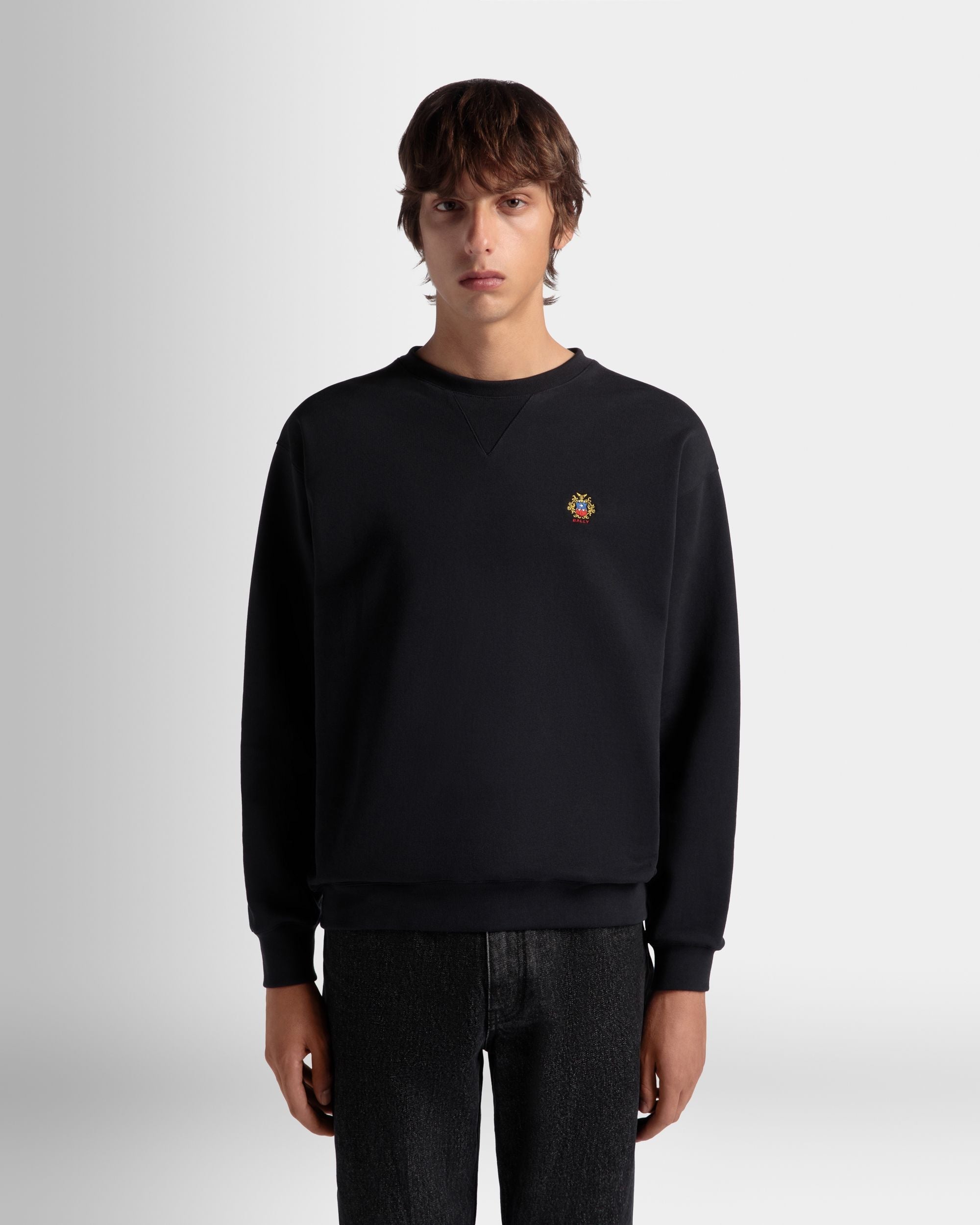 Bally Global - Crewneck Sweatshirt With a Bally Crest Logo In Navy Blue Cotton - Blue