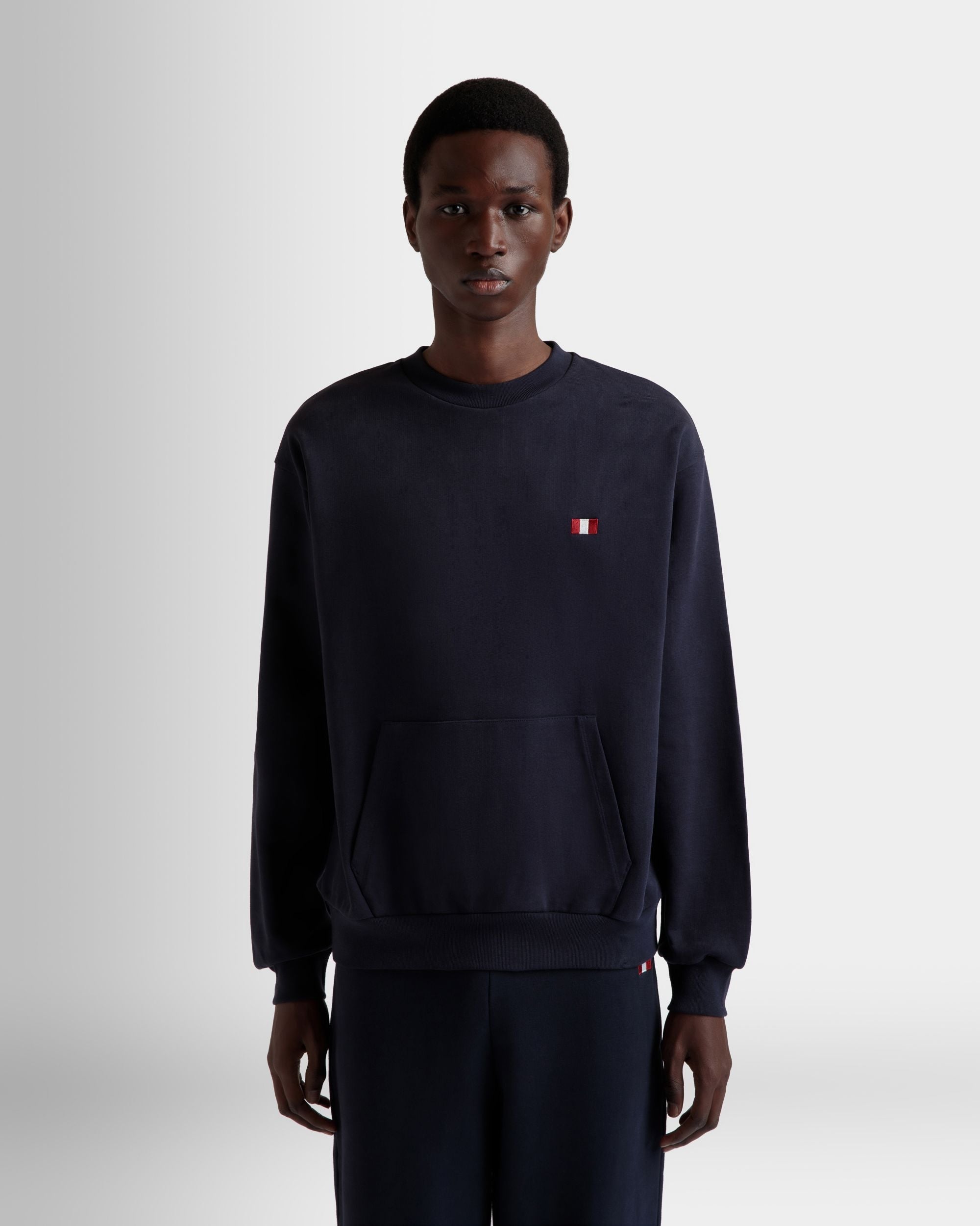 Bally Global - Crewneck Sweatshirt With a Bally Flag in Navy Blue Cotton - Blue
