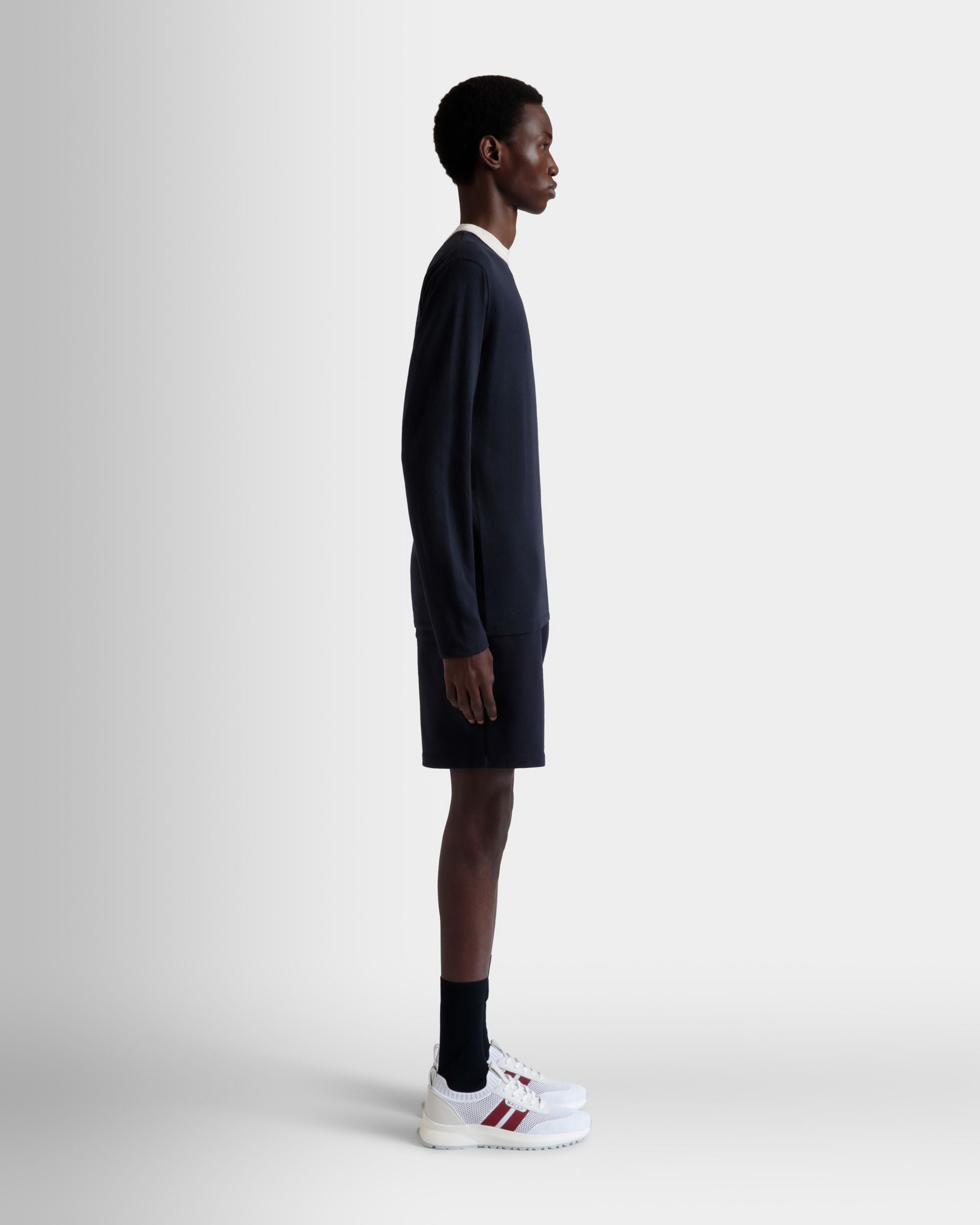 Bally Global - Long Sleeve T-Shirt in Navy Blue Stretch Cotton - Blue