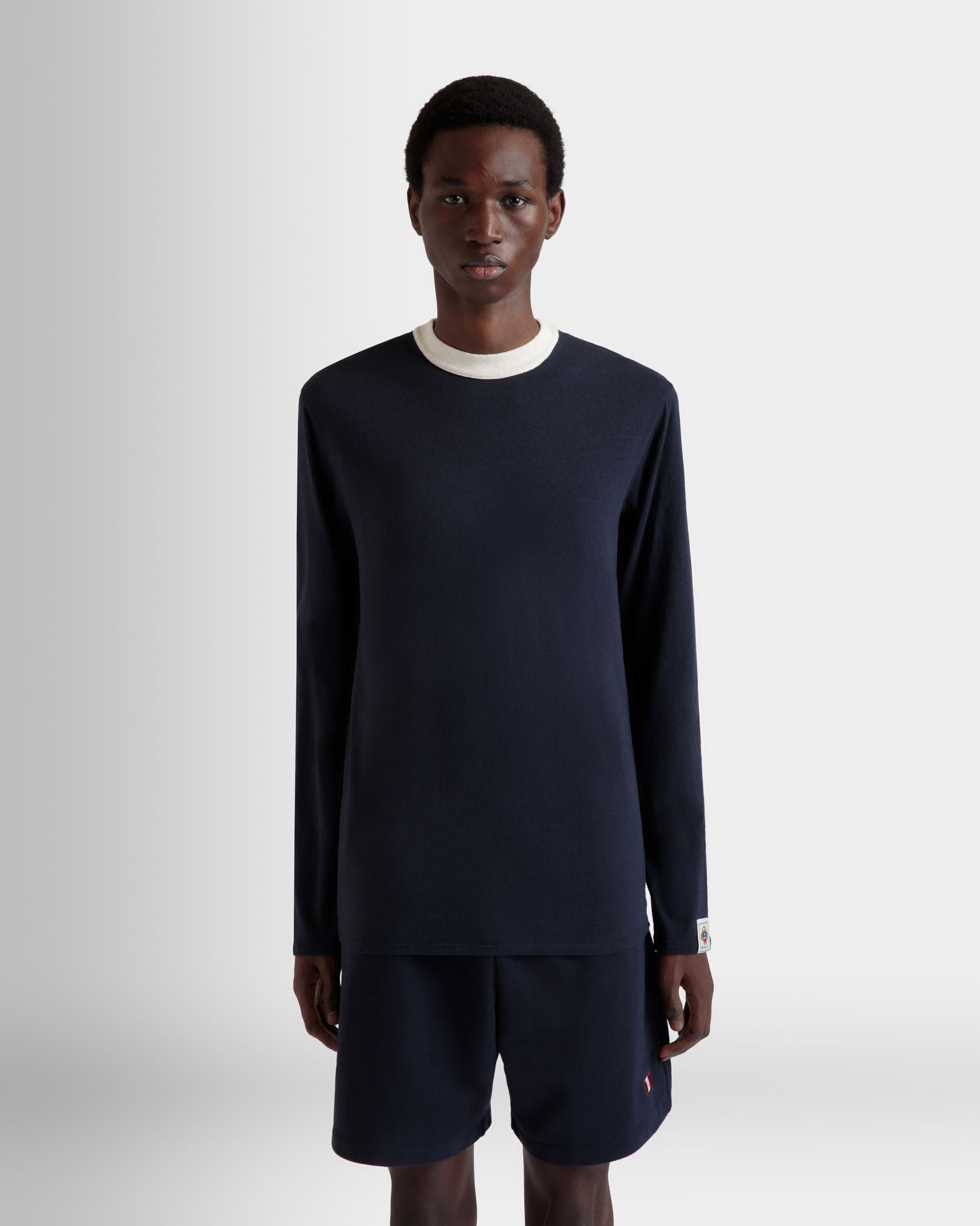 Bally Global - Long Sleeve T-Shirt in Navy Blue Stretch Cotton - Blue