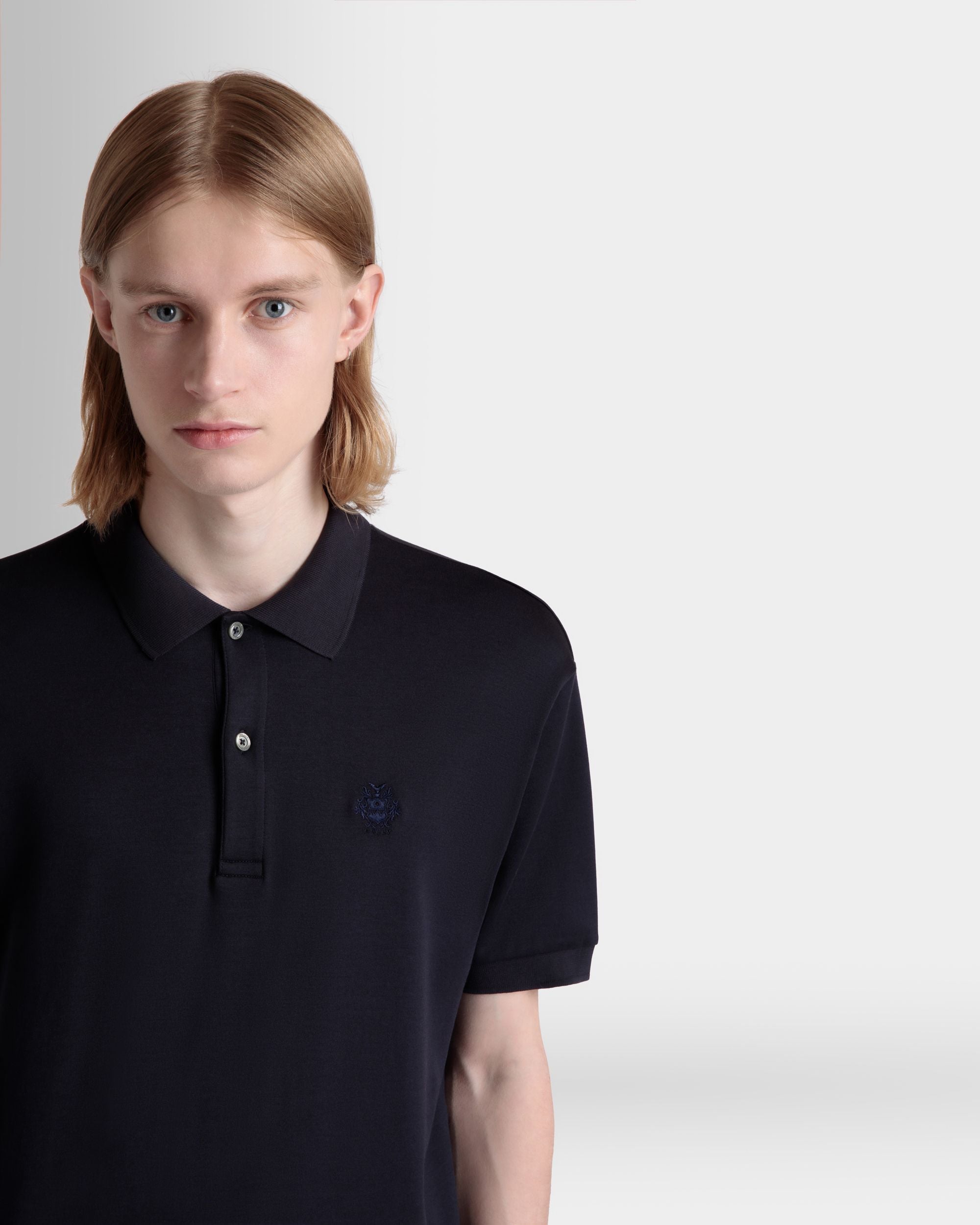 Bally Global - Short Sleeve Polo With a Bally Crest Logo in a Navy Blue Cotton Silk Blend - Blue
