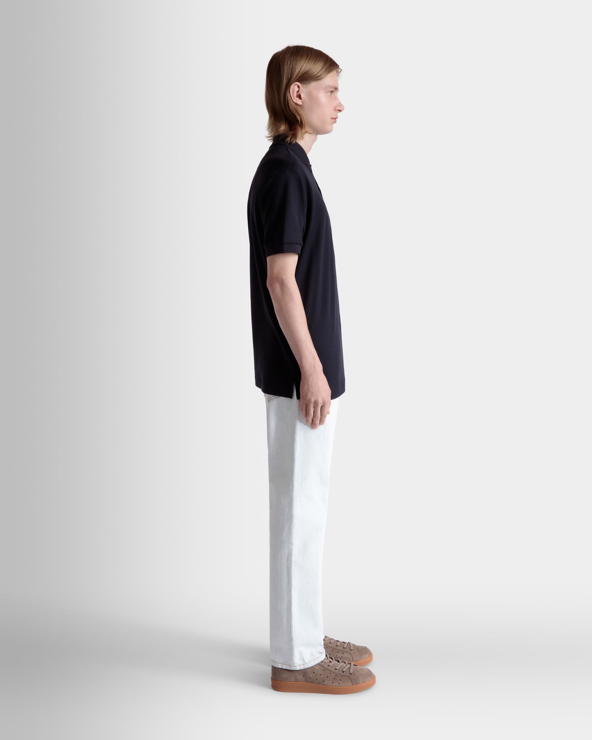 Bally Global - Short Sleeve Polo With a Bally Crest Logo in a Navy Blue Cotton Silk Blend - Blue
