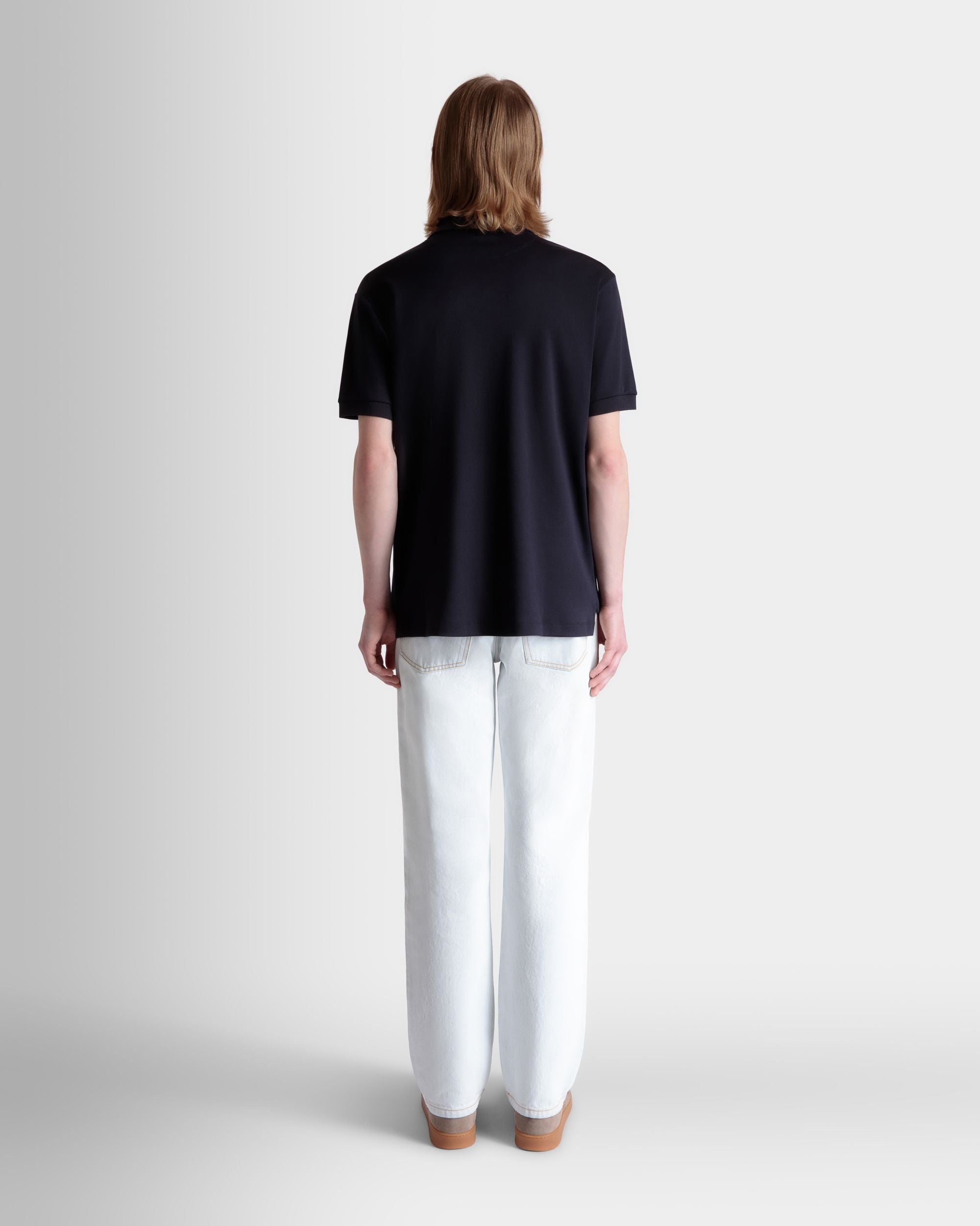 Bally Global - Short Sleeve Polo With a Bally Crest Logo in a Navy Blue Cotton Silk Blend - Blue