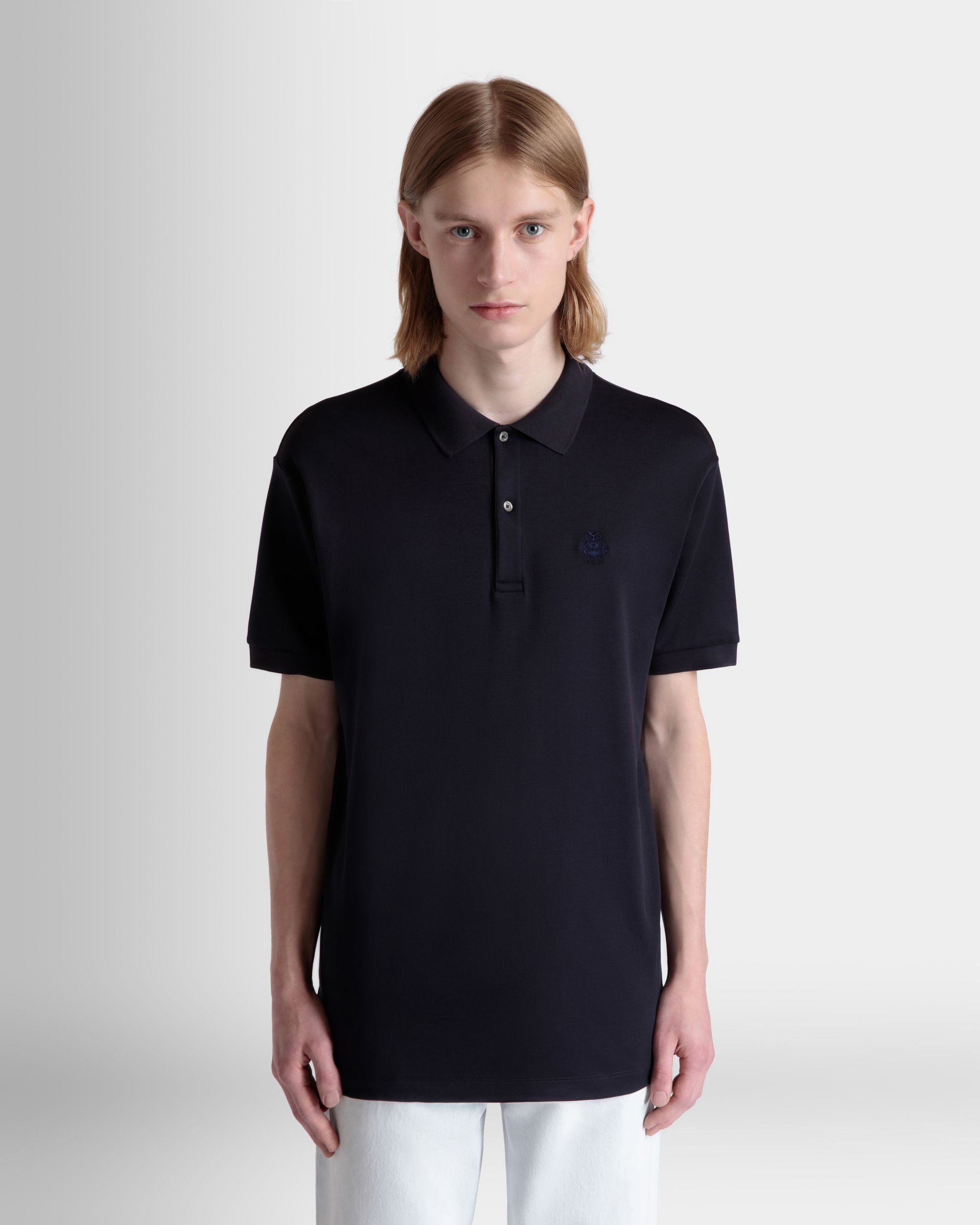 Bally Global - Short Sleeve Polo With a Bally Crest Logo in a Navy Blue Cotton Silk Blend - Blue