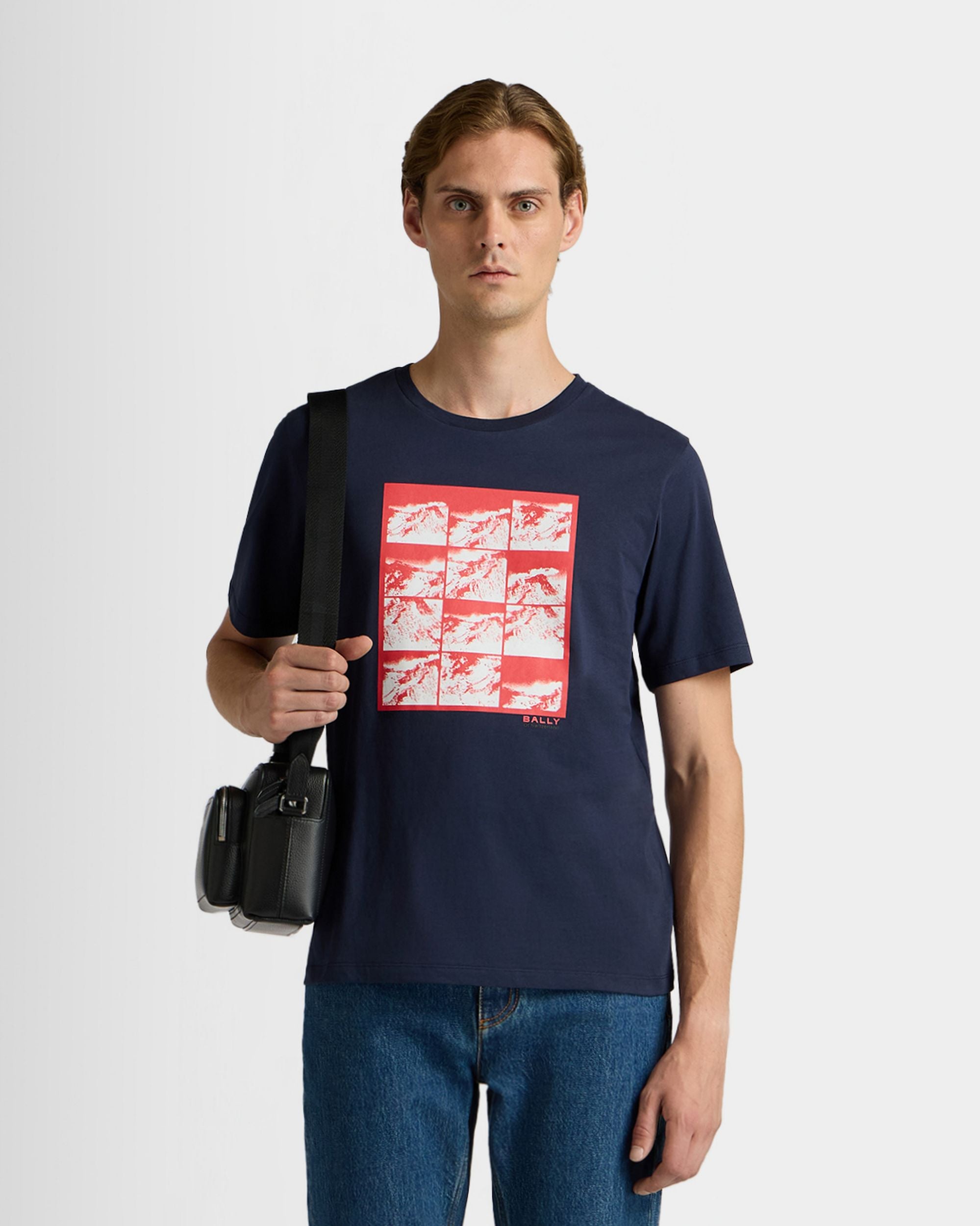 Bally Global - T-Shirt in Navy Blue Cotton With Mountain Graphics - Blue