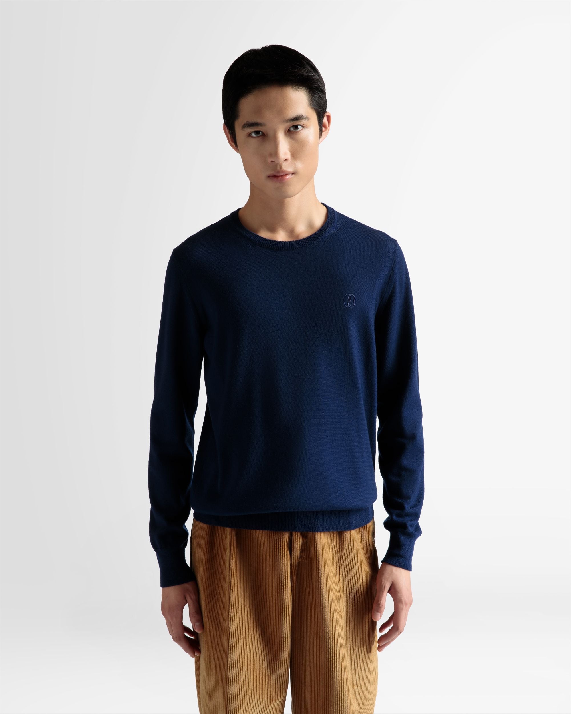 Bally Global - Crew Neck Sweater In Marine Wool - Blue