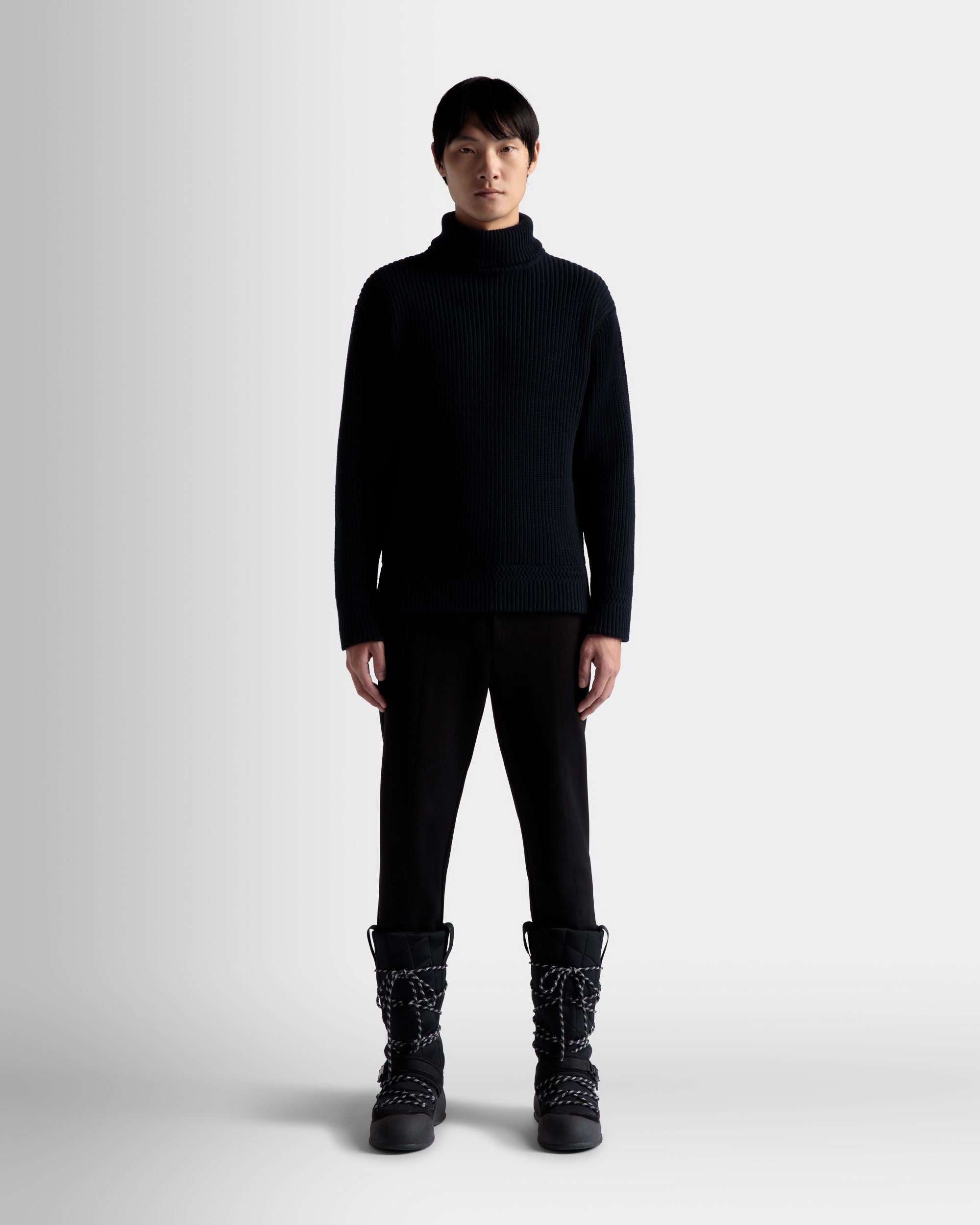 Bally Global - Turtleneck Sweater In Dark Blue Wool - Blue