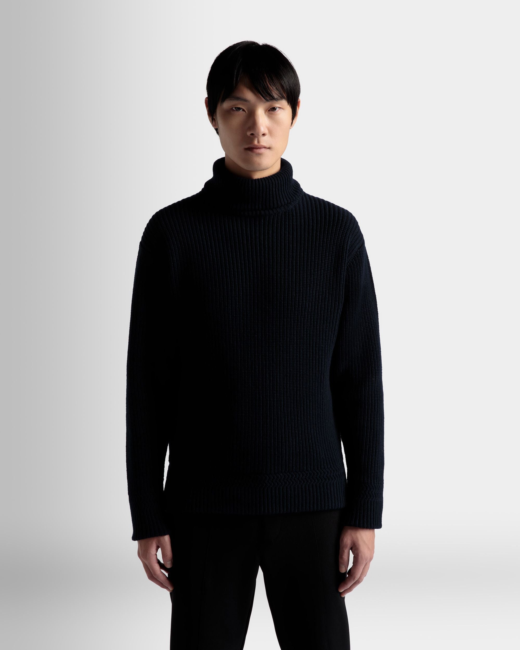 Bally Global - Turtleneck Sweater In Dark Blue Wool - Blue