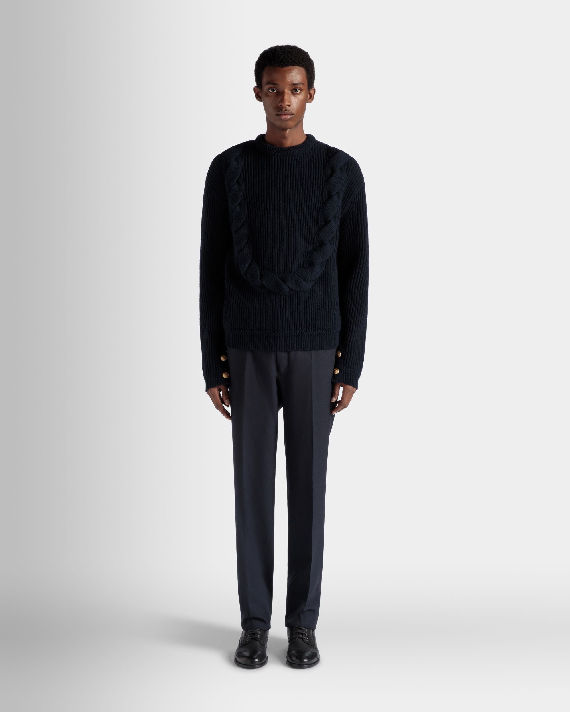 Bally Global - Adrien Brody Travel Collection Crewneck Sweater In Navy Blue Wool - Blue