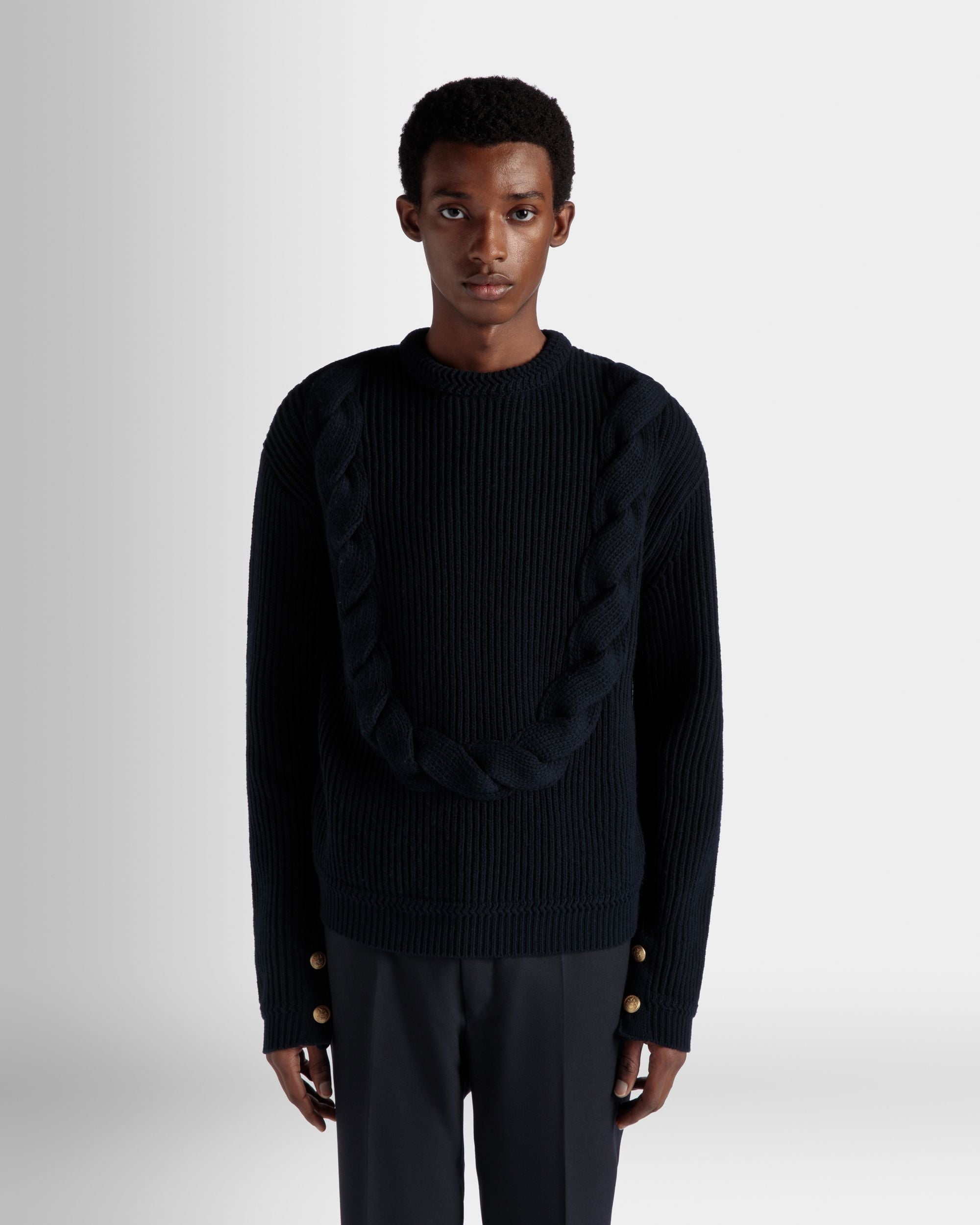 Bally Global - Adrien Brody Travel Collection Crewneck Sweater In Navy Blue Wool - Blue