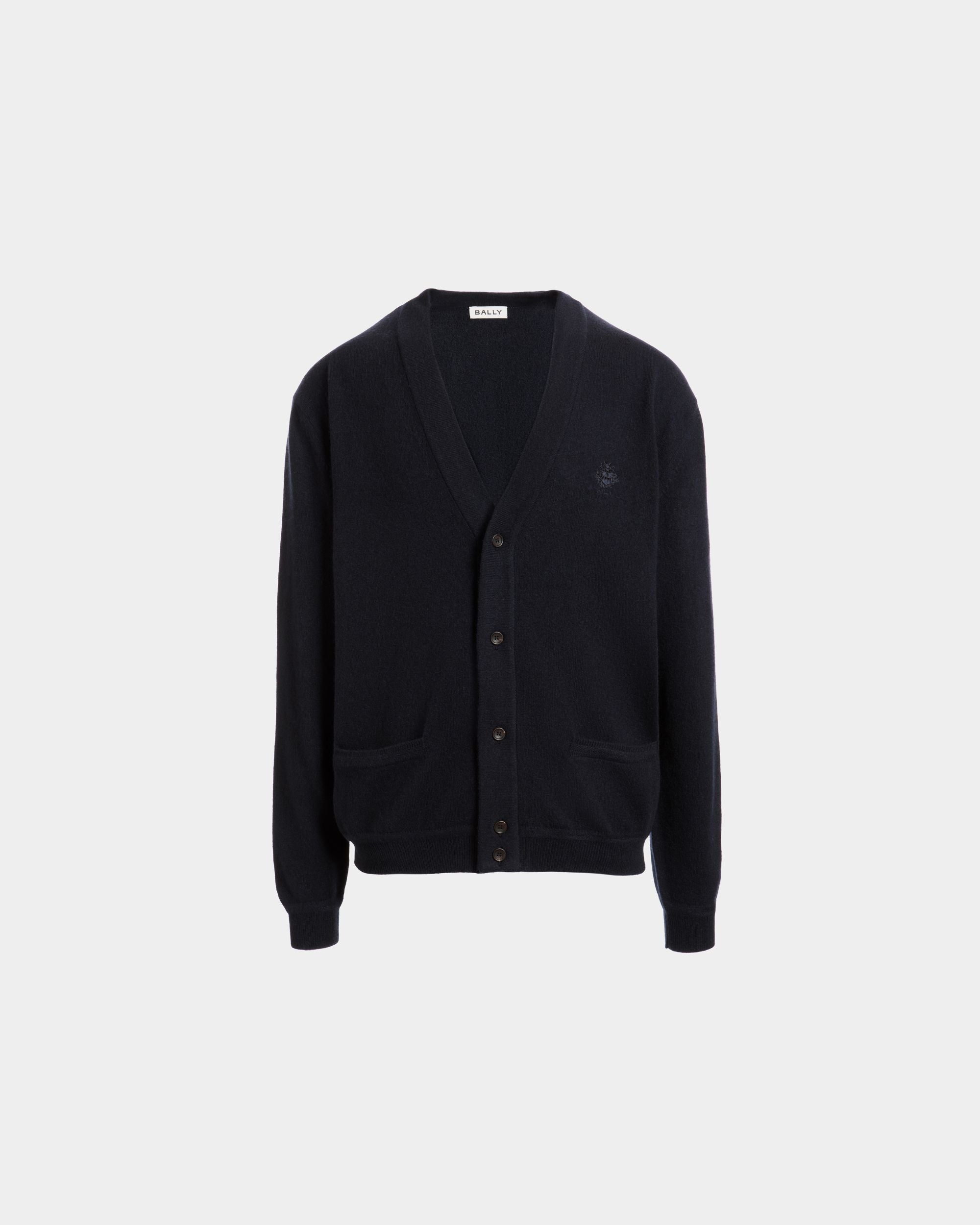 Bally Global - Cardigan With a Bally Crest in Navy Blue Cashmere - Blue