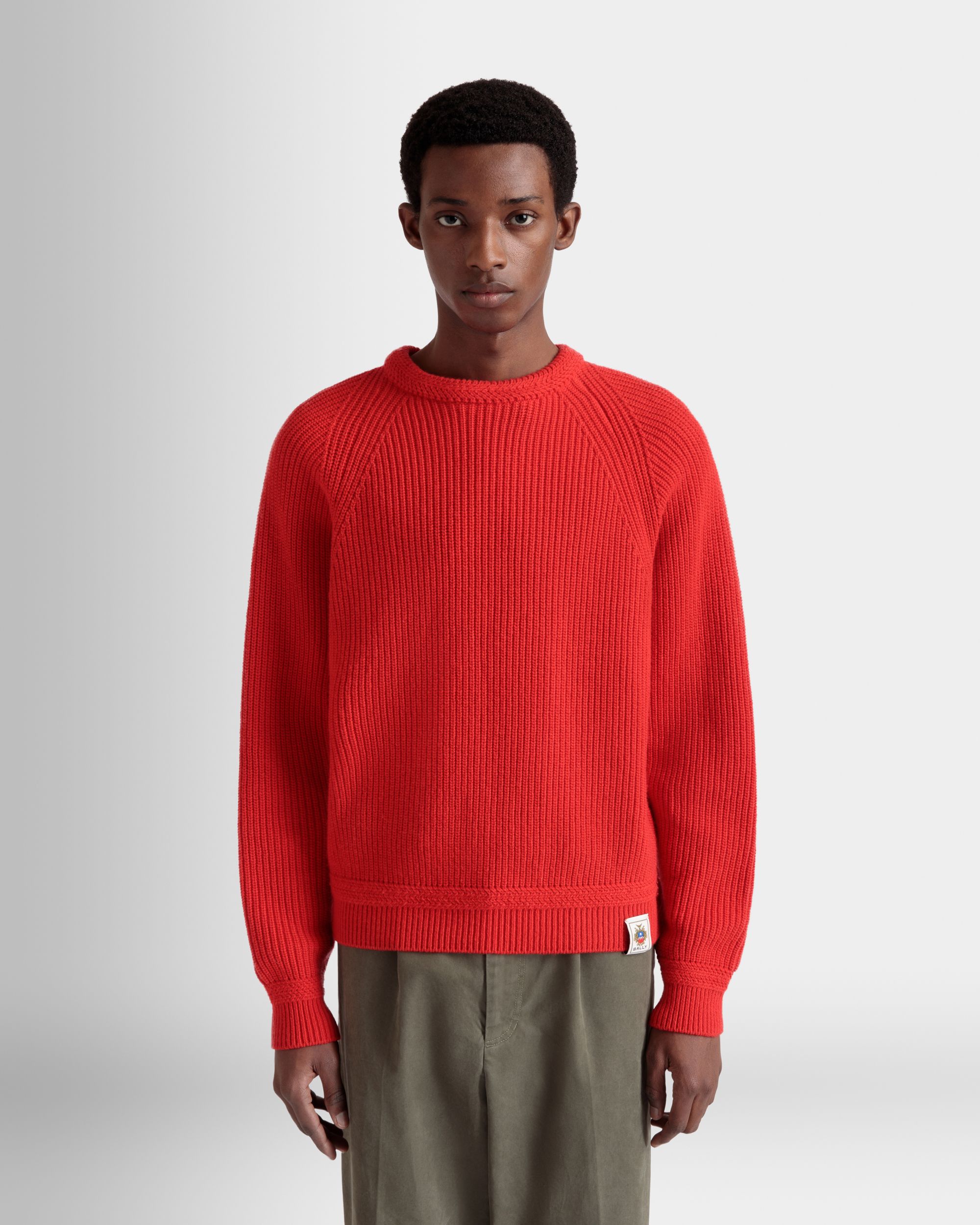 Bally Global - Crewneck Sweater With Bally Crest Logo In Candy Red Wool - Red