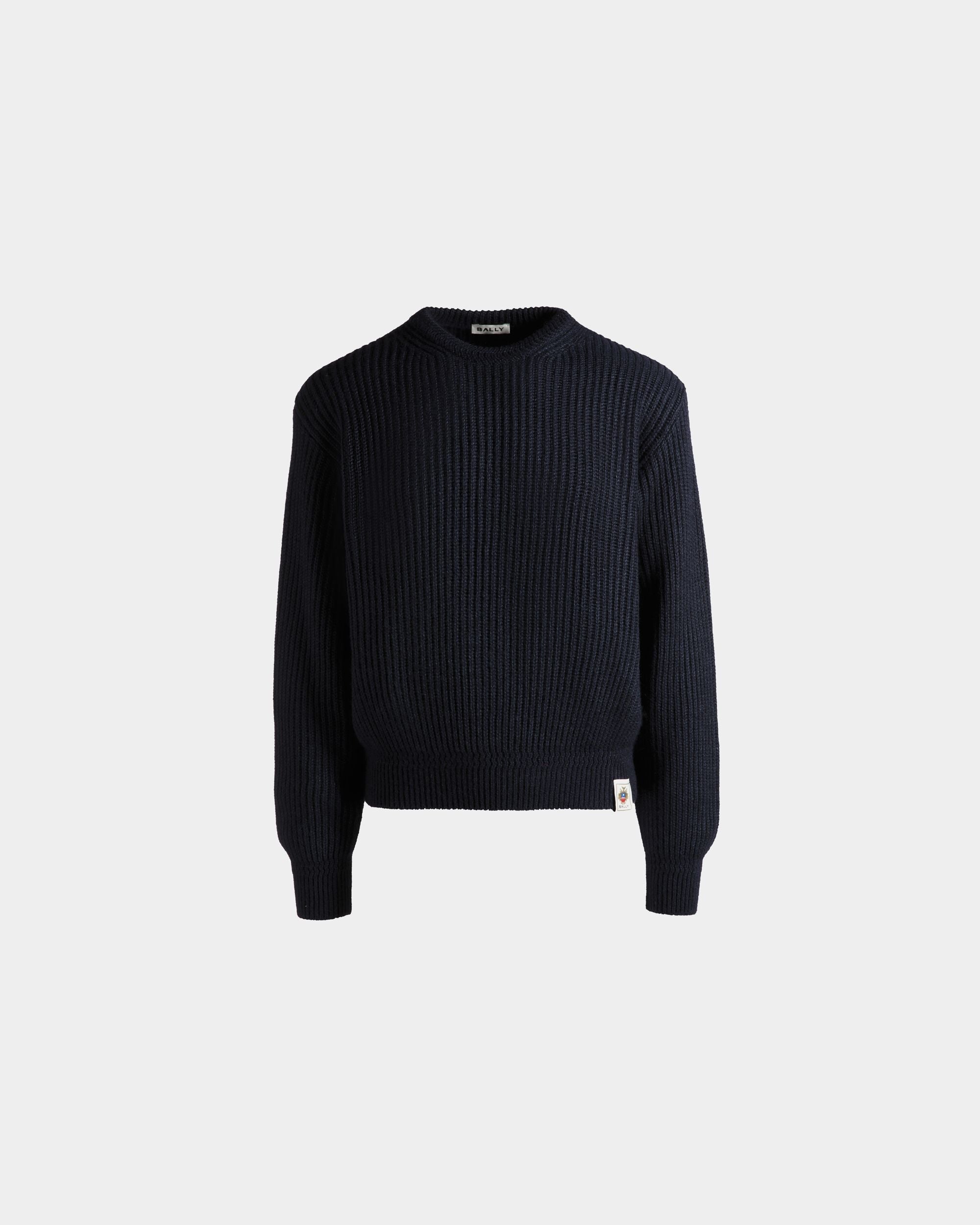Bally Global - Crewneck Sweater With Bally Crest Logo In Navy Blue Wool And Silk - Blue