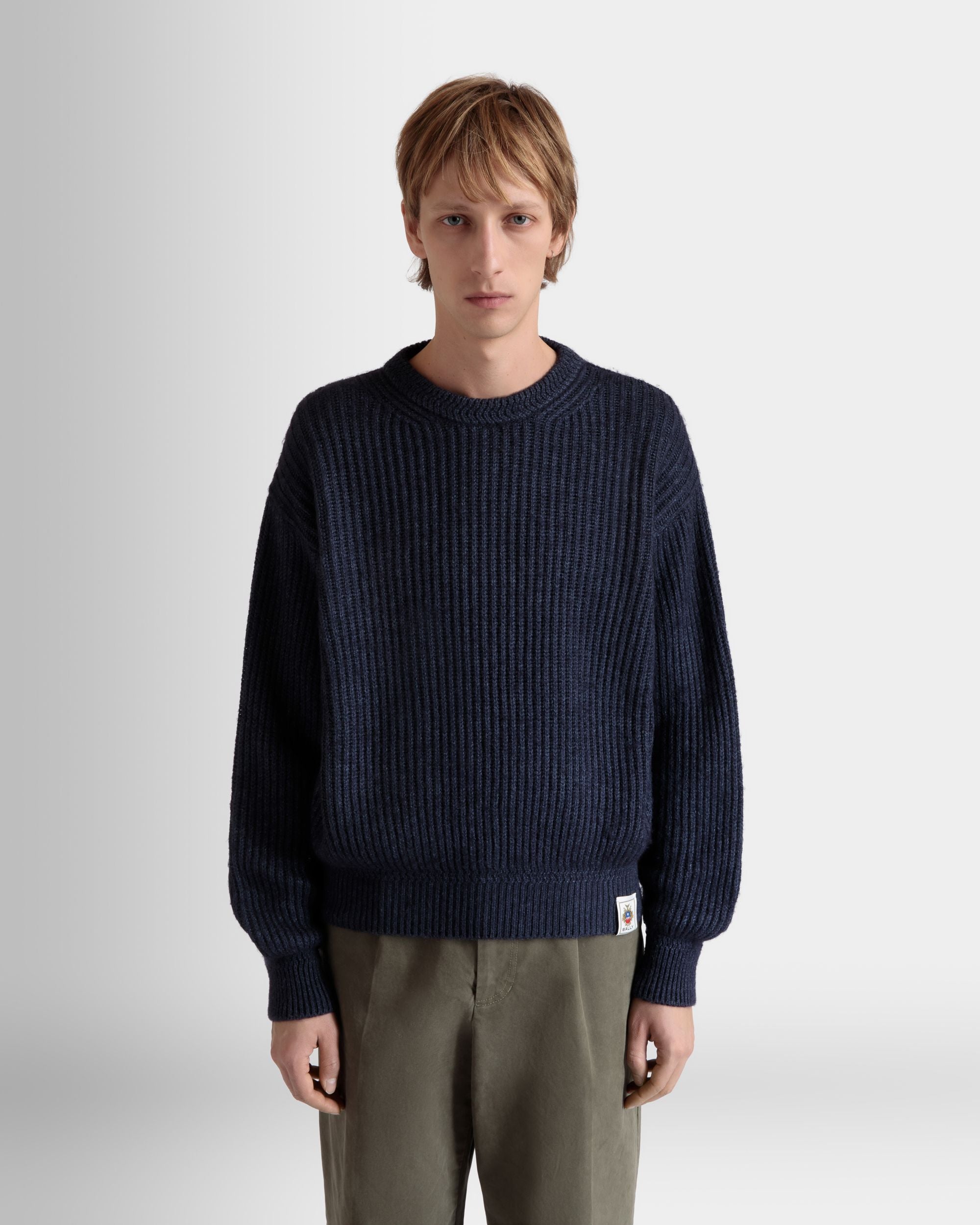 Bally Global - Crewneck Sweater With Bally Crest Logo In Navy Blue Wool And Silk - Blue