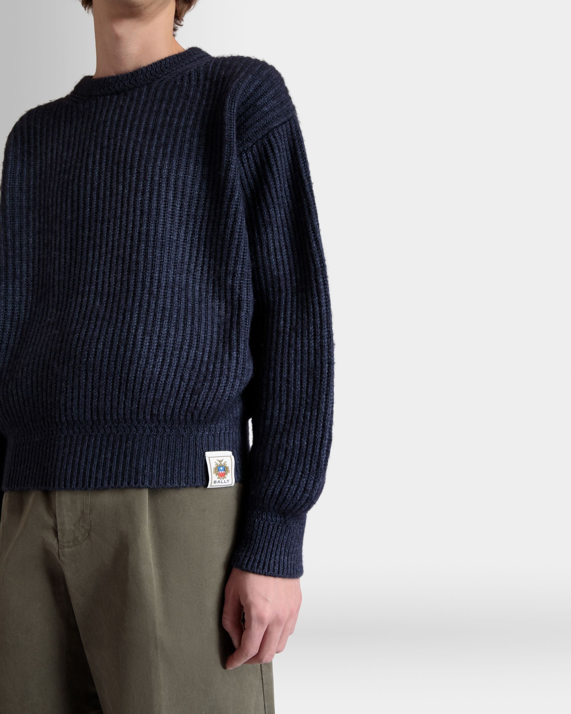 Bally Global - Crewneck Sweater With Bally Crest Logo In Navy Blue Wool And Silk - Blue