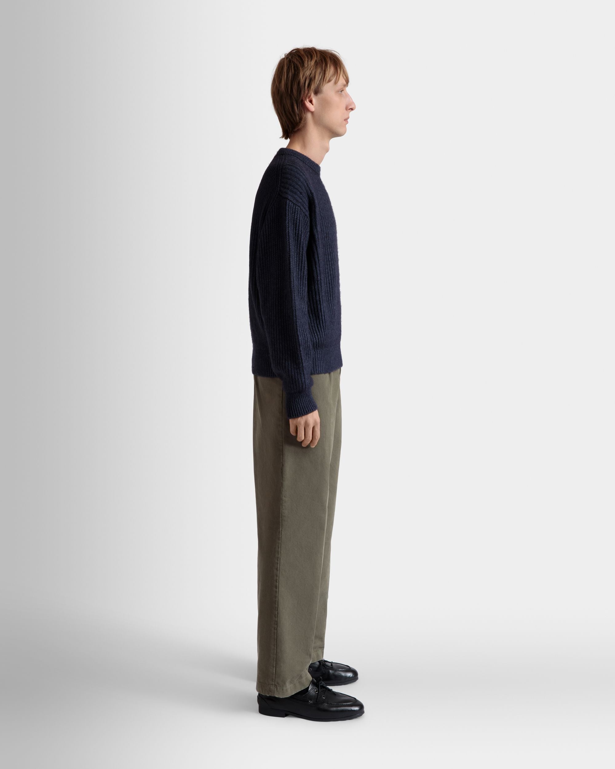 Bally Global - Crewneck Sweater With Bally Crest Logo In Navy Blue Wool And Silk - Blue