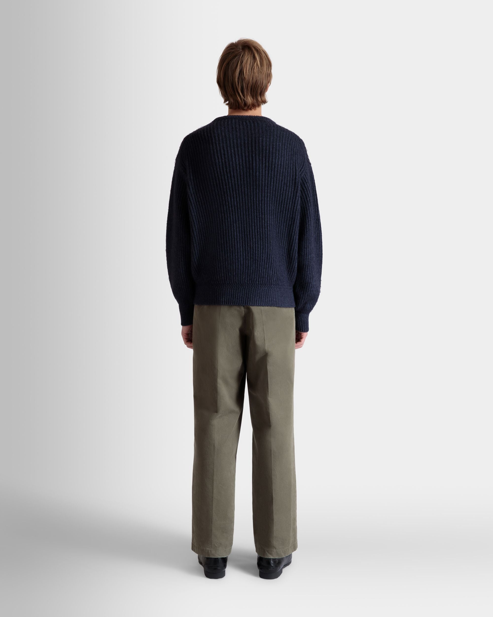 Bally Global - Crewneck Sweater With Bally Crest Logo In Navy Blue Wool And Silk - Blue