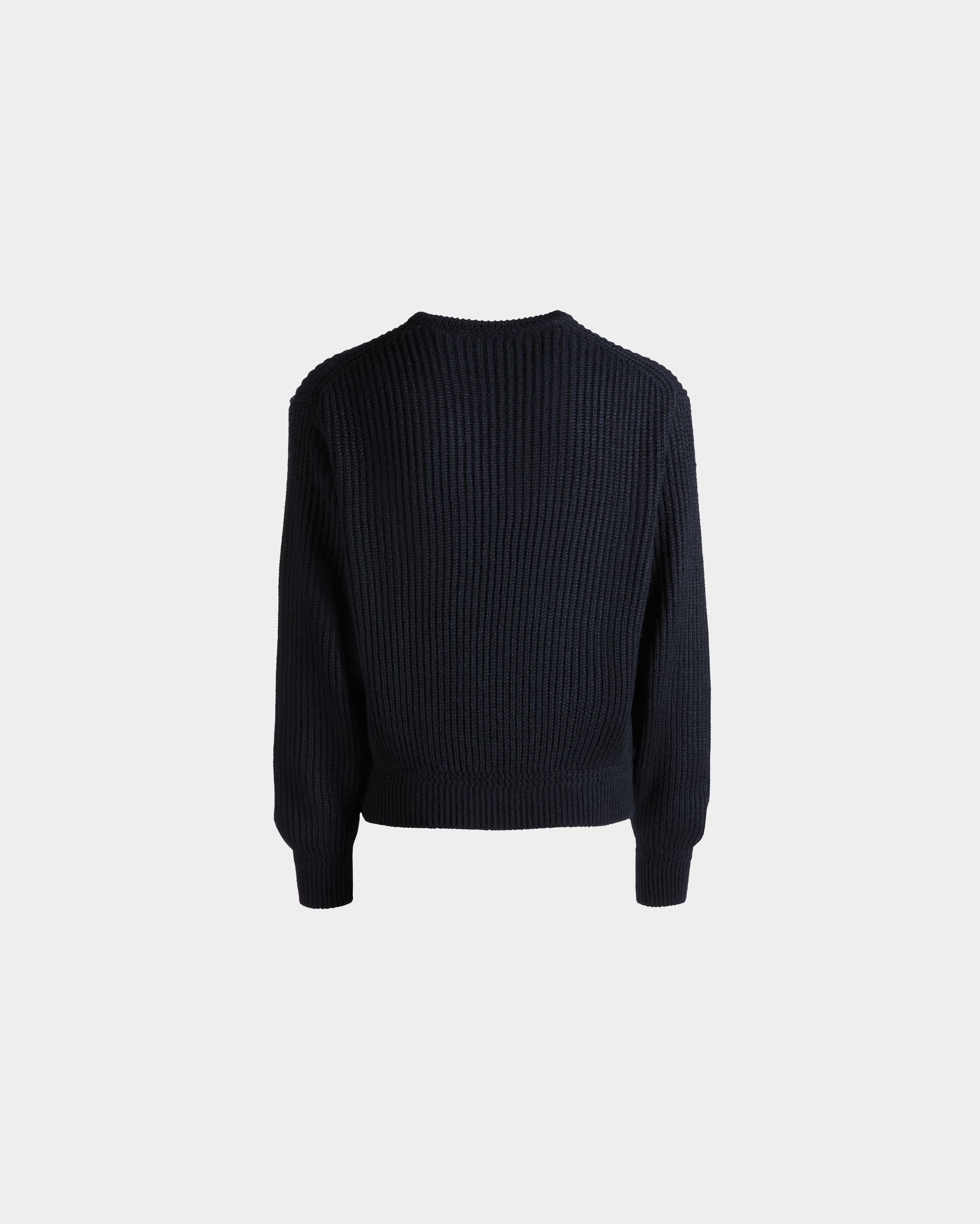 Bally Global - Crewneck Sweater With Bally Crest Logo In Navy Blue Wool And Silk - Blue
