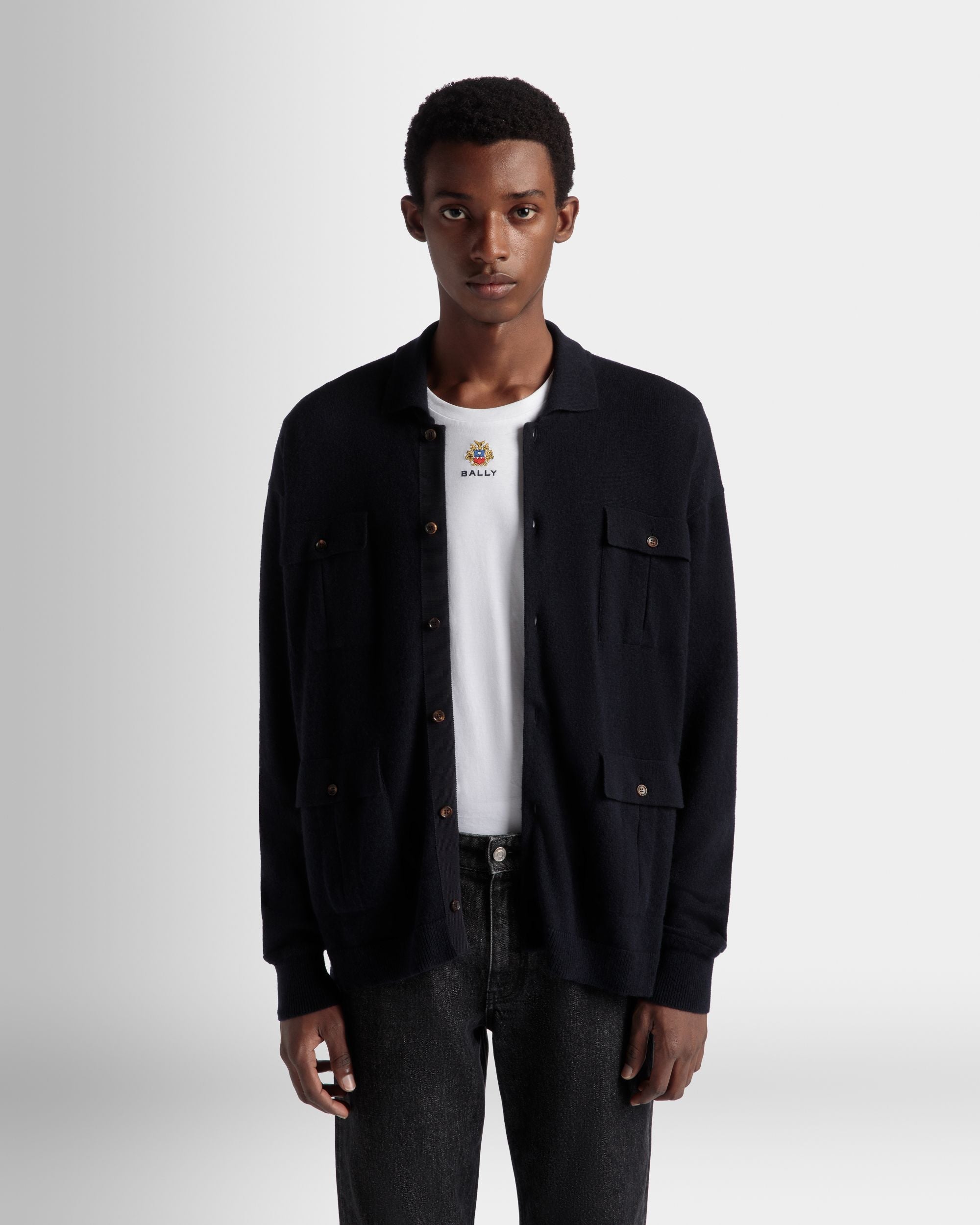 Bally Global - Chemise À Manches Longues Avec Logo En Cachemire Navy Blue - Bleu