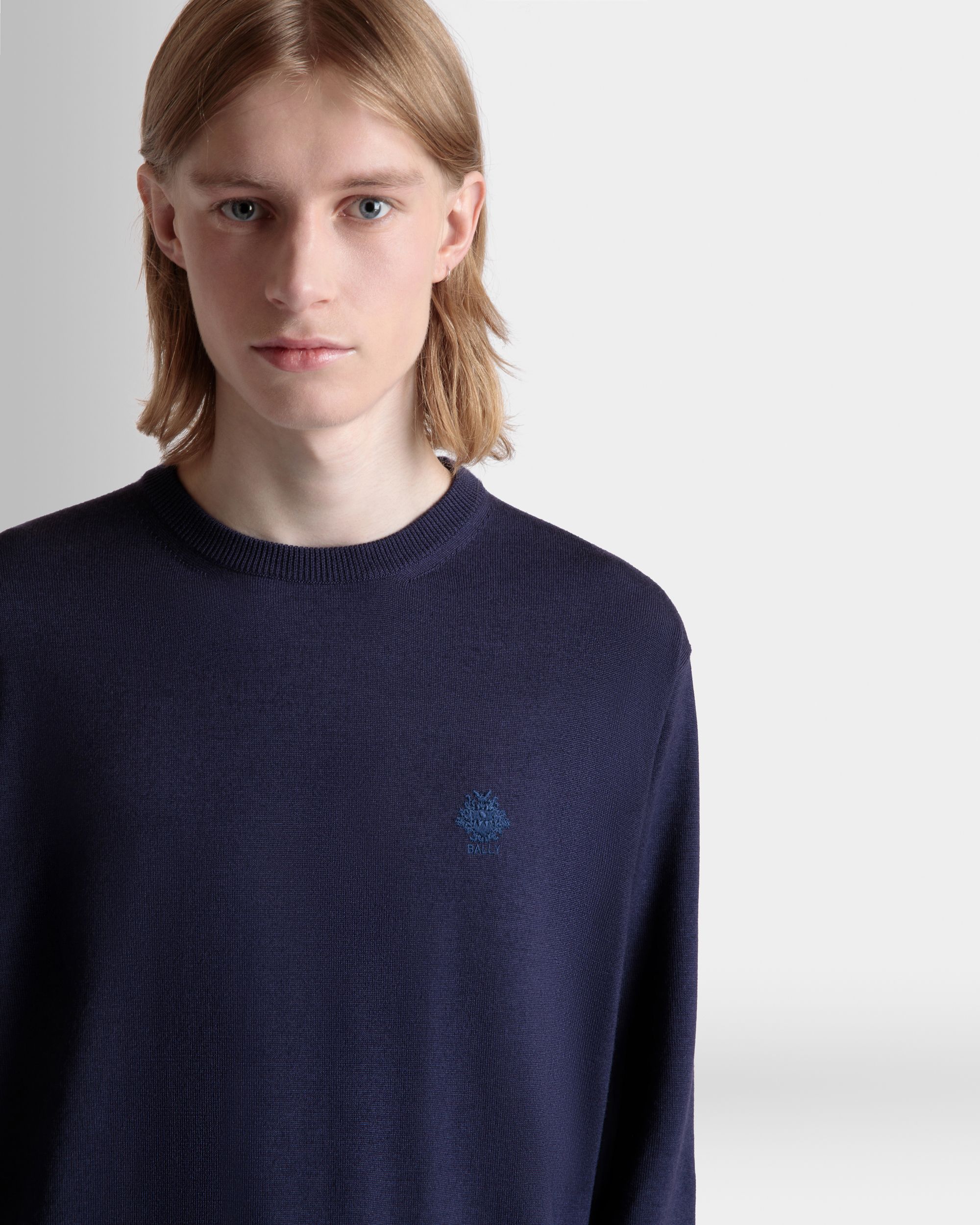 Bally Global - Crewneck Sweater in Navy Blue Wool Cashmere Blend - Blue