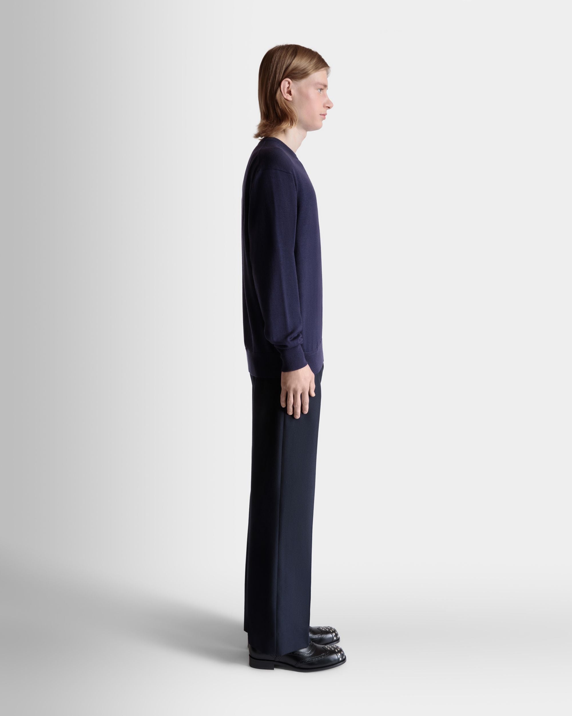 Bally Global - Crewneck Sweater in Navy Blue Wool Cashmere Blend - Blue
