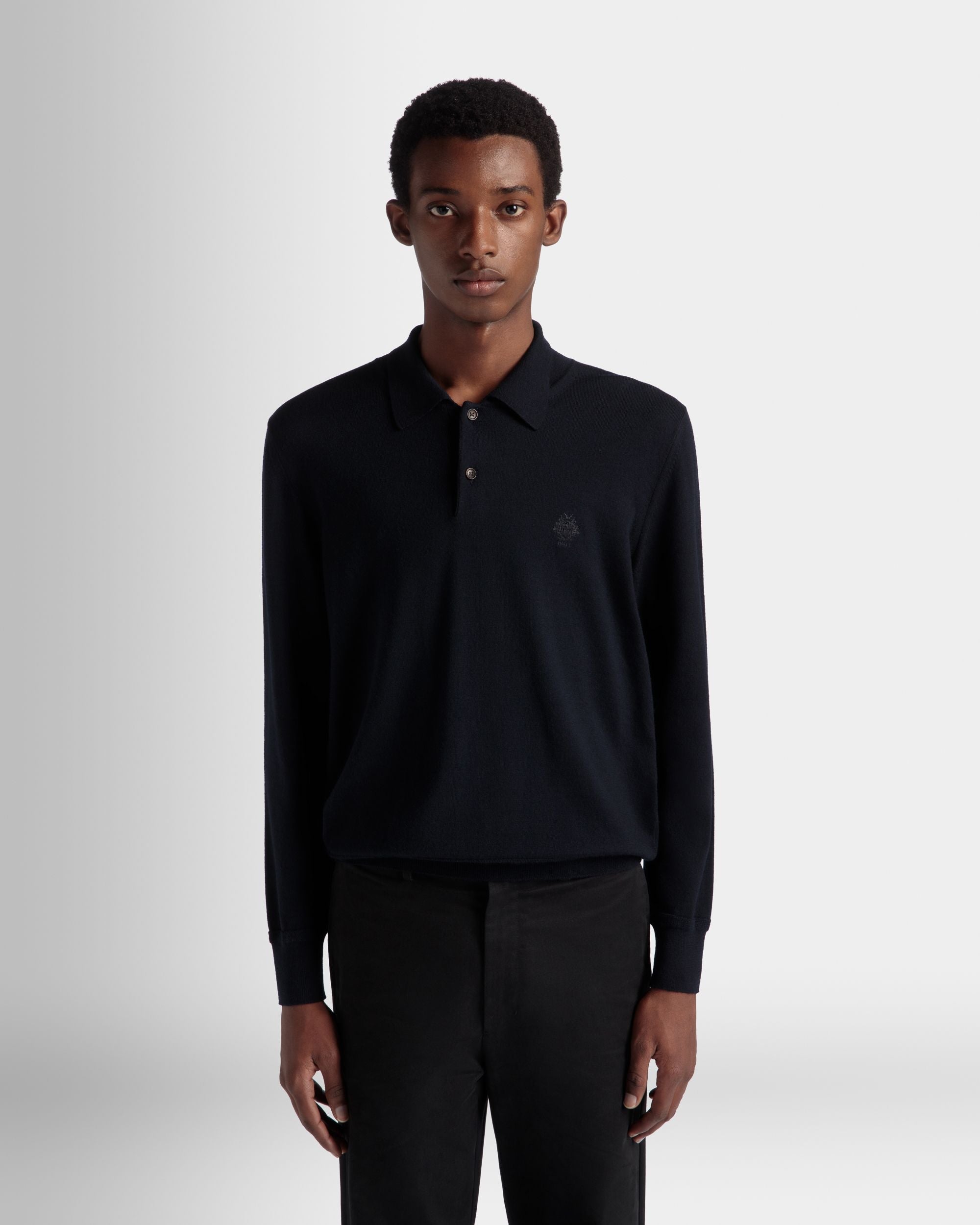 Bally Global - Polo À Manches Longues Avec Logo Bally Crest En Laine Navy Blue - Bleu