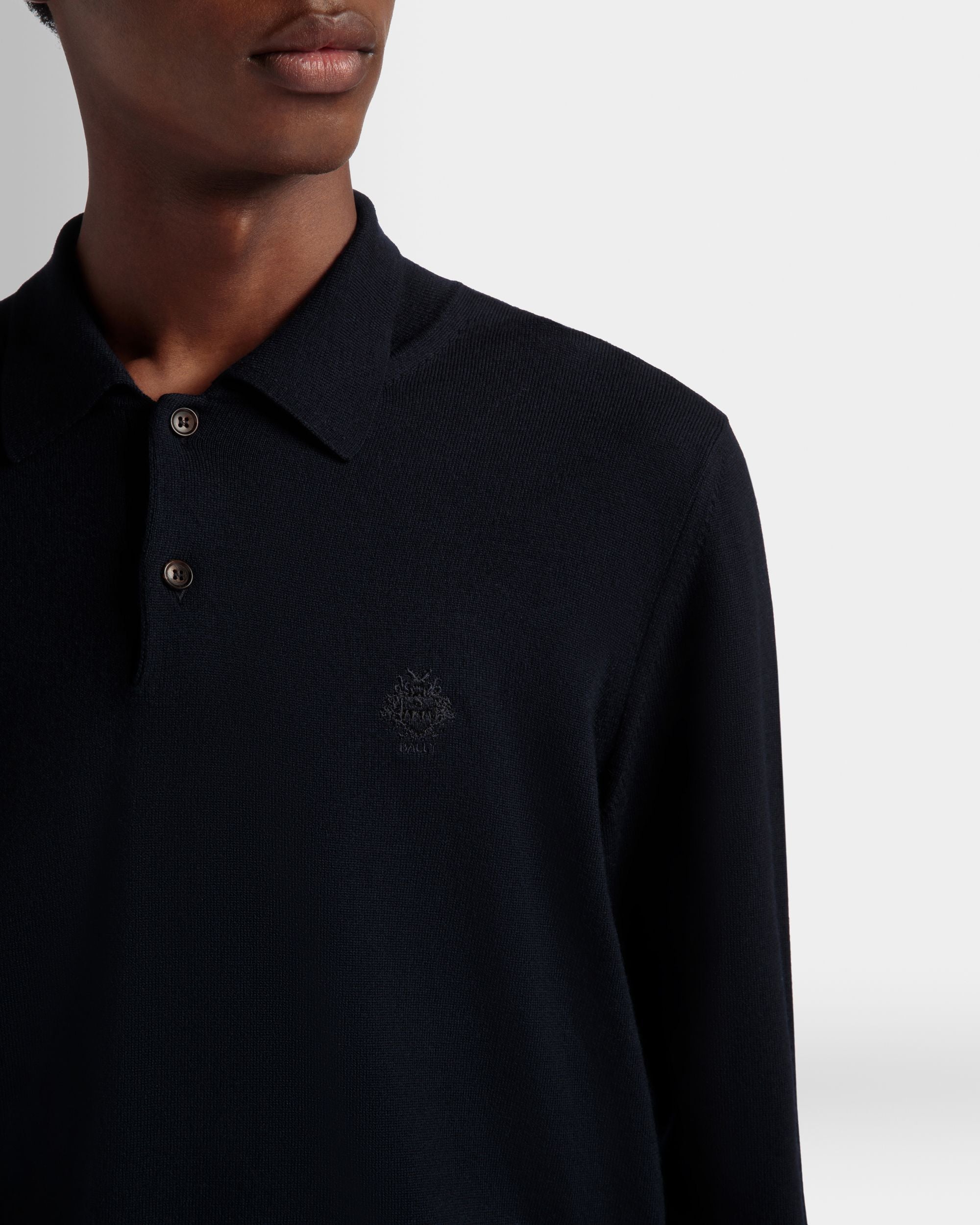 Bally Global - Polo À Manches Longues Avec Logo Bally Crest En Laine Navy Blue - Bleu