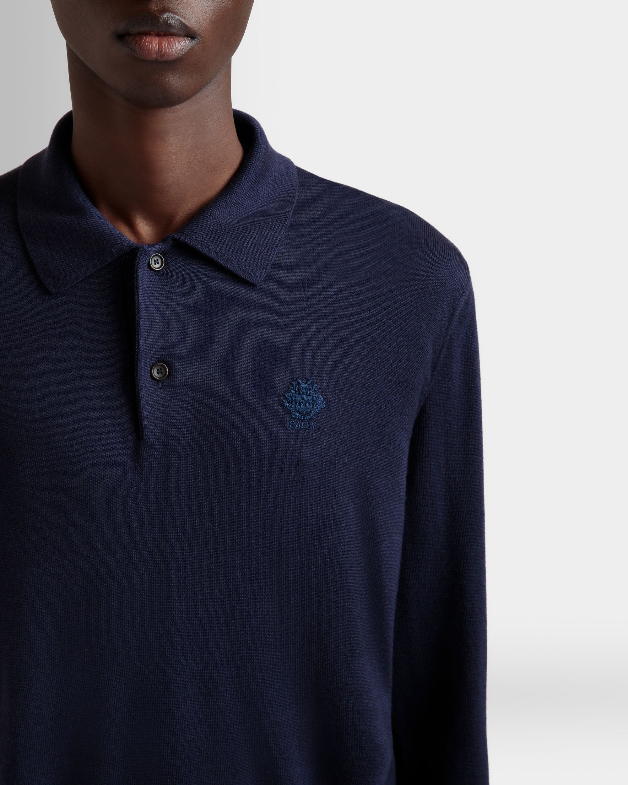 Bally Global - Polo À Manches Longues En Mélange De Cachemire Navy Blue Orné D’un Écusson Bally Crest - Bleu