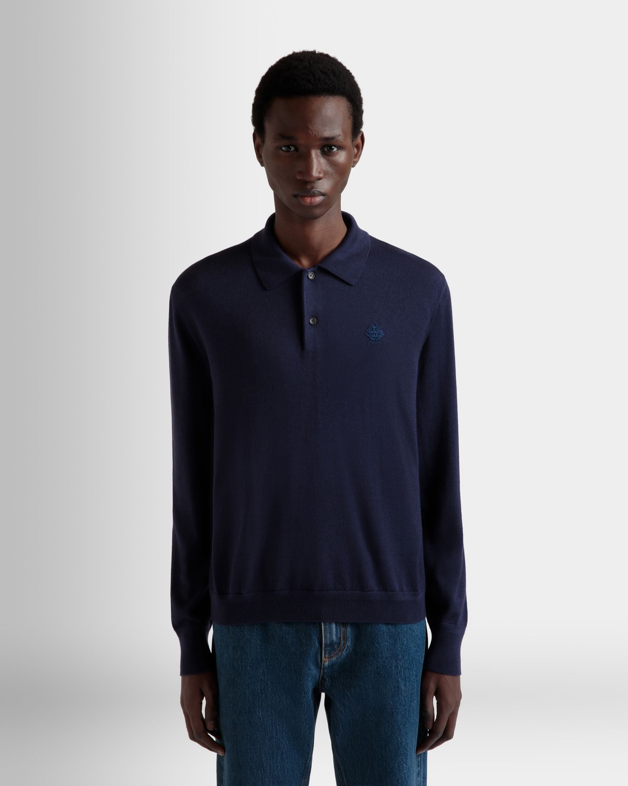 Bally Global - Polo À Manches Longues En Mélange De Cachemire Navy Blue Orné D’un Écusson Bally Crest - Bleu