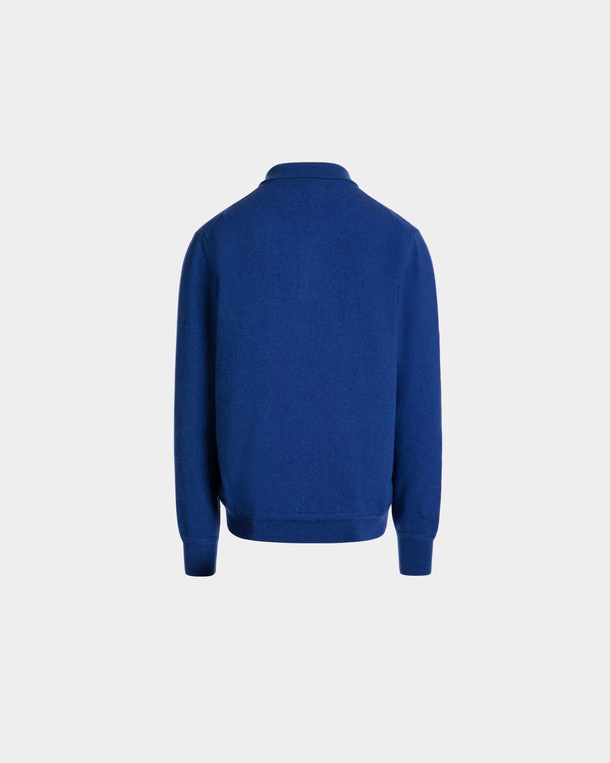 Bally Global - Long Sleeve Polo Shirt With a Bally Crest in Blue Cashmere Blend - Blue
