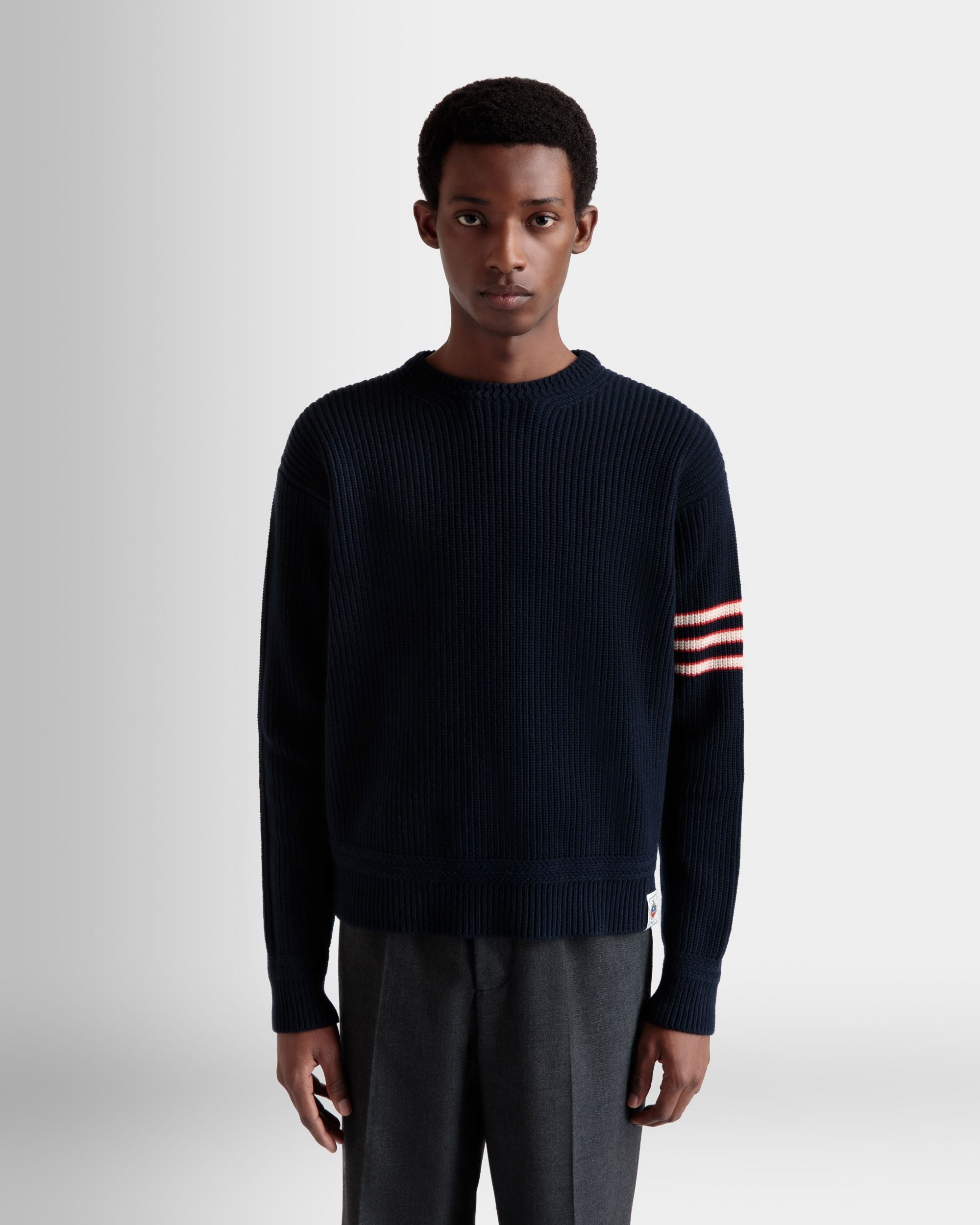 Bally Global - Crewneck Sweater With Bally Crest Logo in Navy Blue Wool - Blue