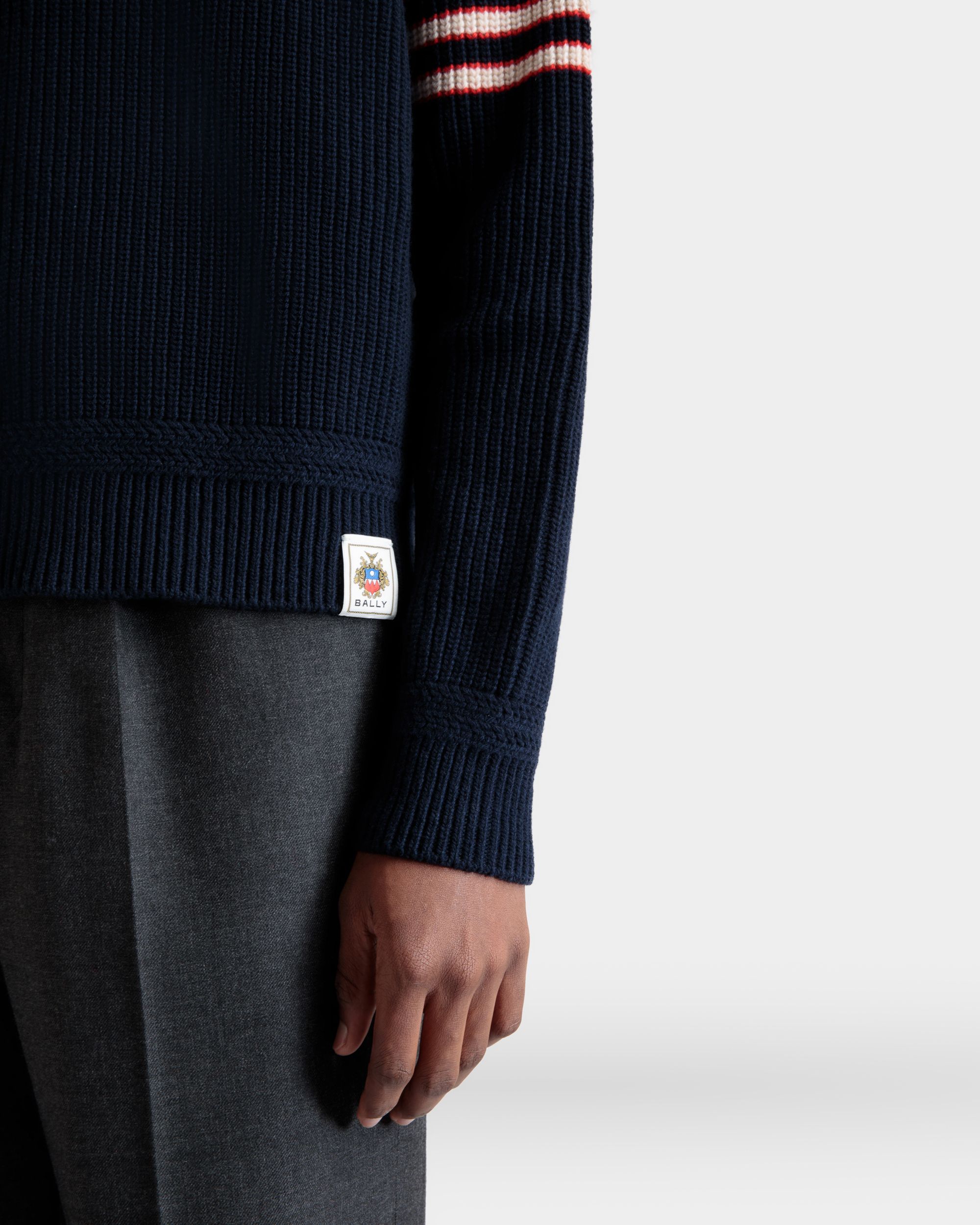 Bally Global - Crewneck Sweater With Bally Crest Logo in Navy Blue Wool - Blue