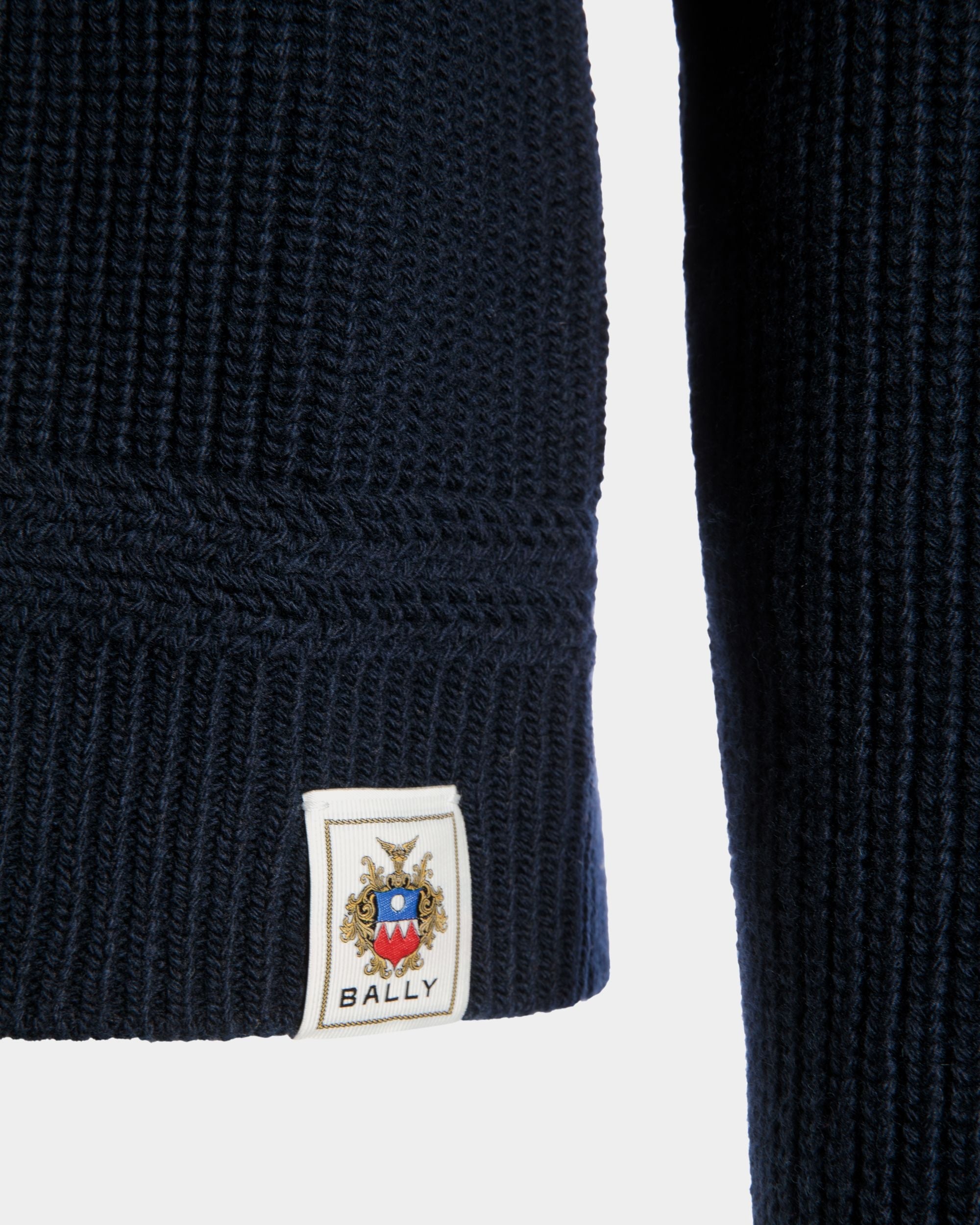 Bally Global - Crewneck Sweater With Bally Crest Logo in Navy Blue Wool - Blue