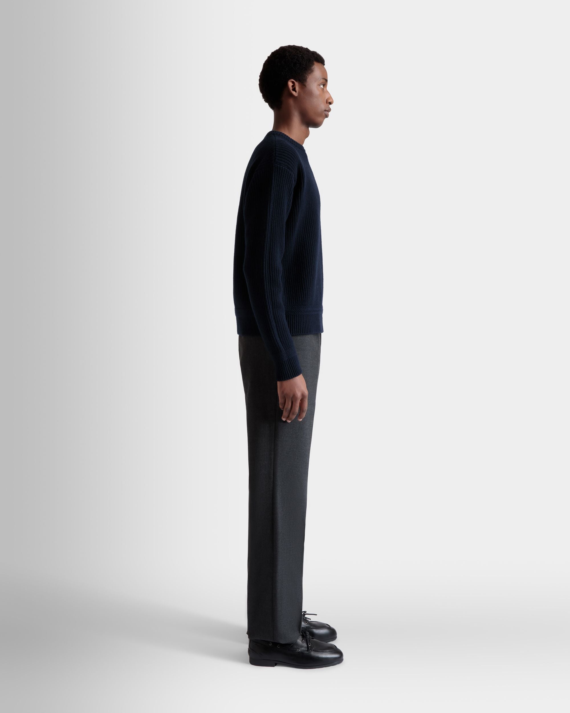 Bally Global - Crewneck Sweater With Bally Crest Logo in Navy Blue Wool - Blue