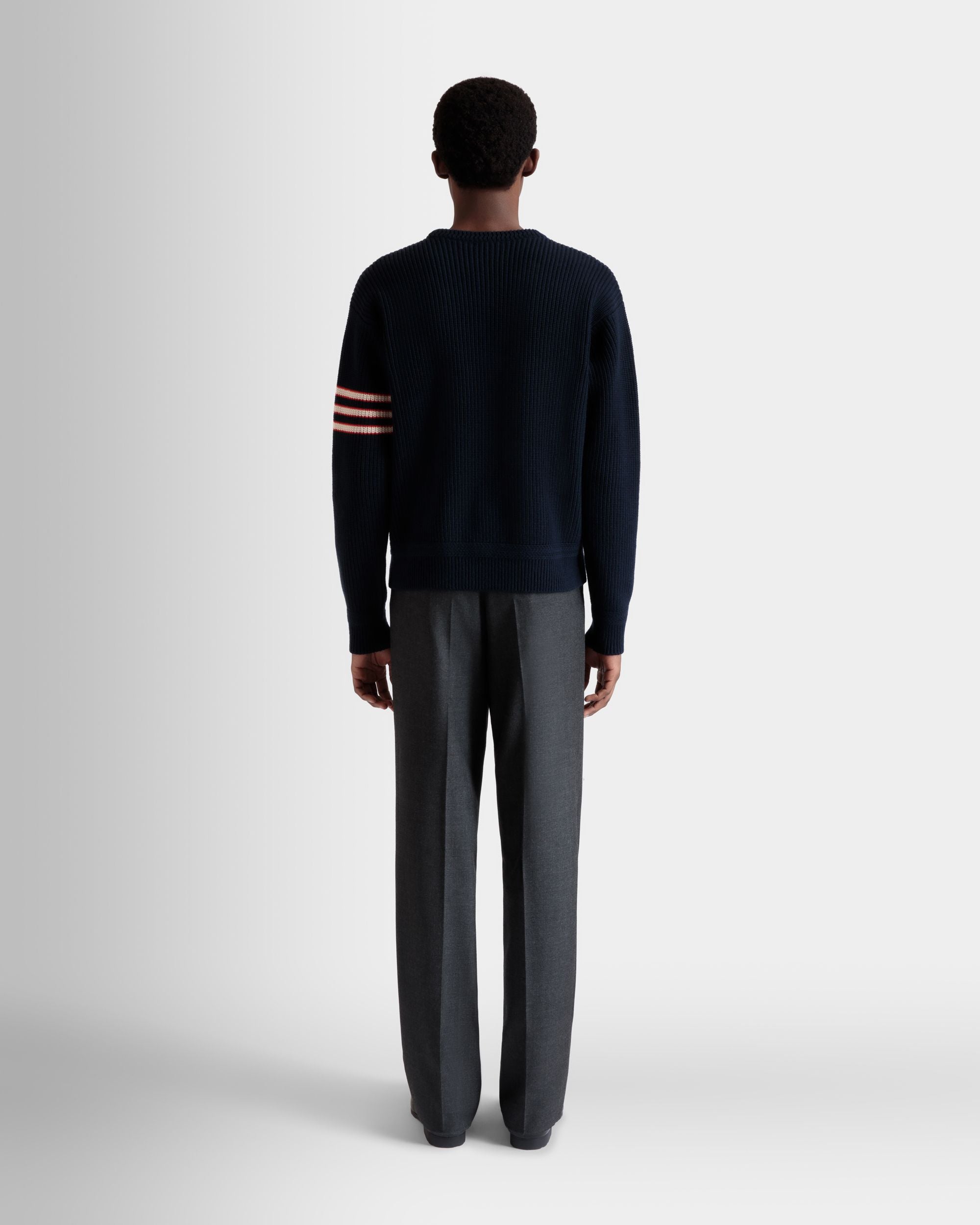 Bally Global - Crewneck Sweater With Bally Crest Logo in Navy Blue Wool - Blue
