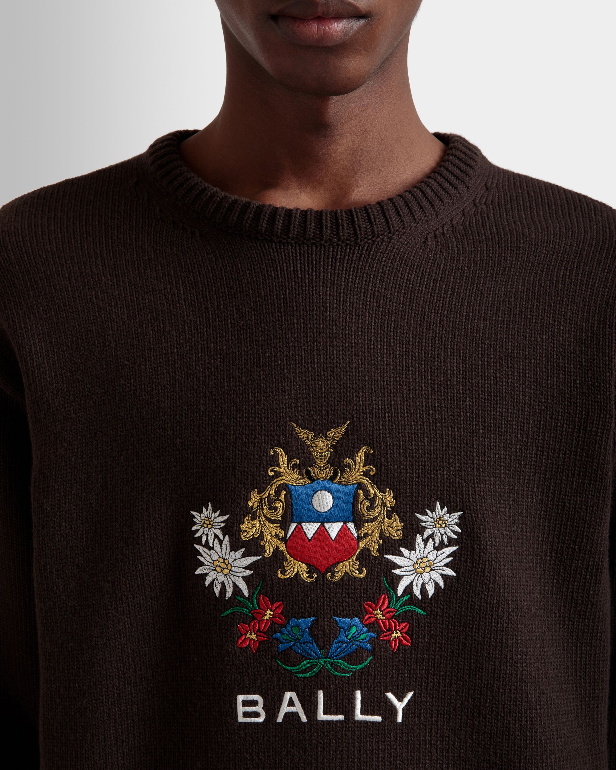 Bally Global - Pull Ras-Du Cou De La Capsule D’hiver En Laine Ebano Orné De Fleurs Des Alpes - Marron
