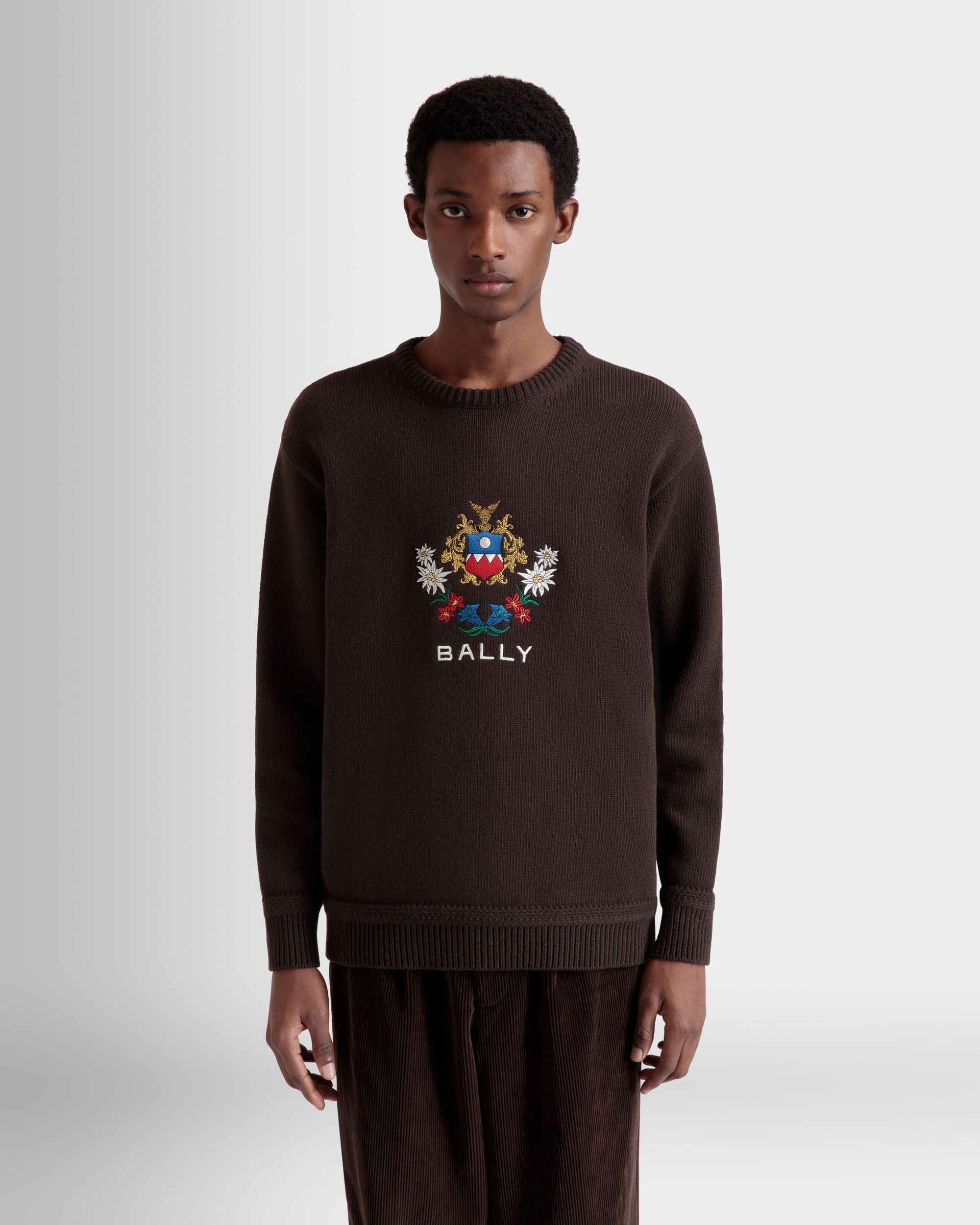 Bally Global - Pull Ras-Du Cou De La Capsule D’hiver En Laine Ebano Orné De Fleurs Des Alpes - Marron