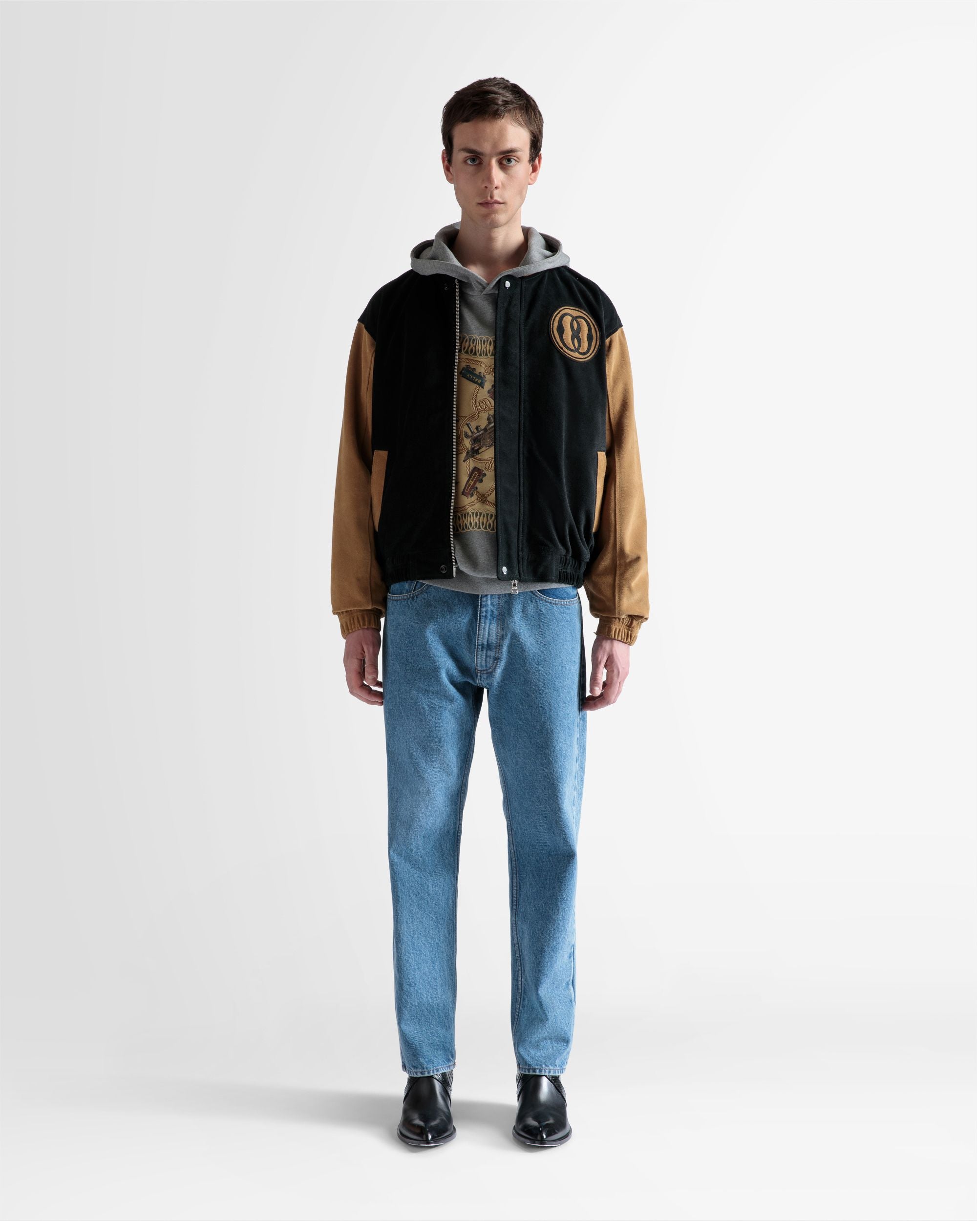 Bally Global - Letterman Jacket In Black And Desert Suede - Negro