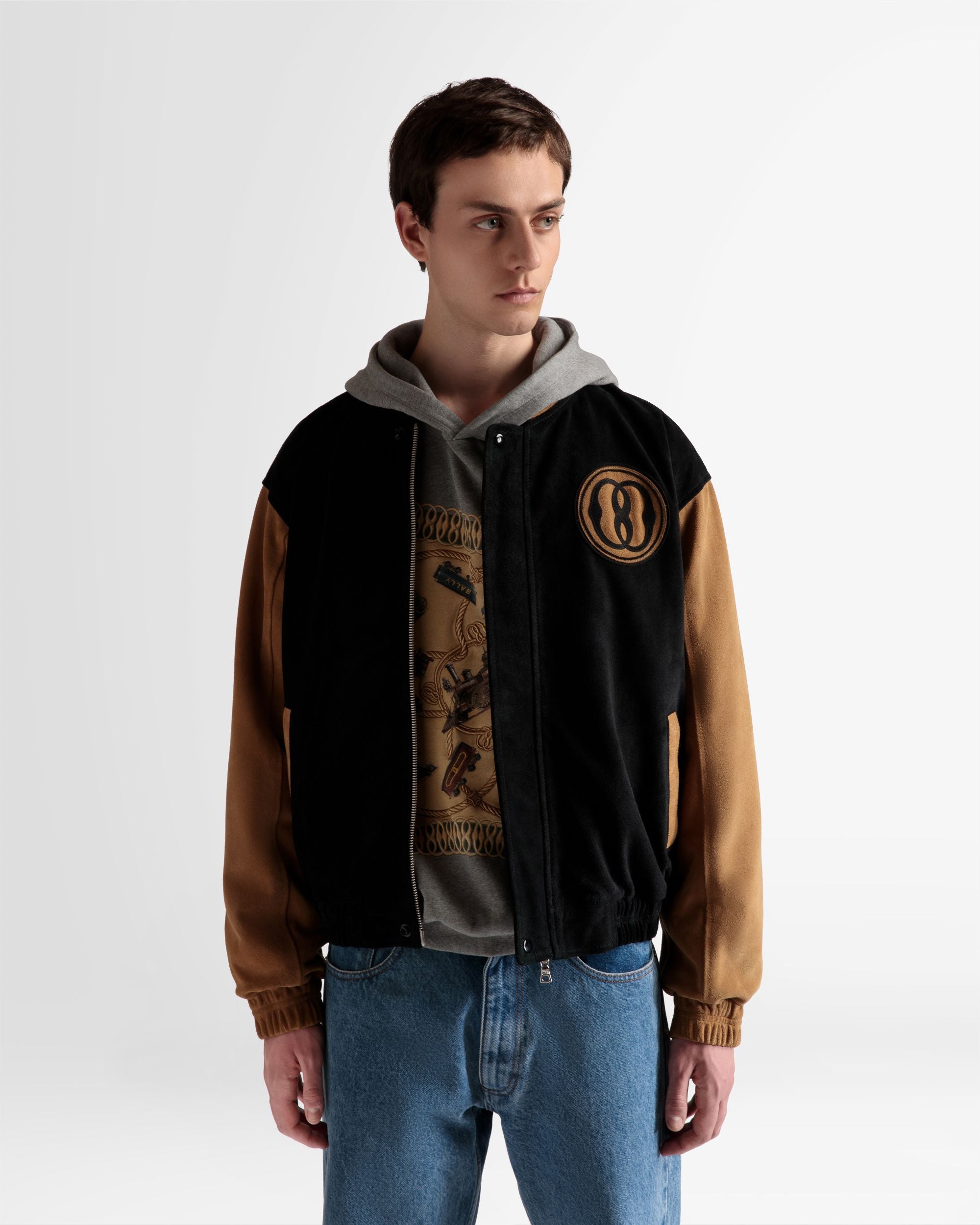 Bally Global - Letterman Jacket In Black And Desert Suede - Negro