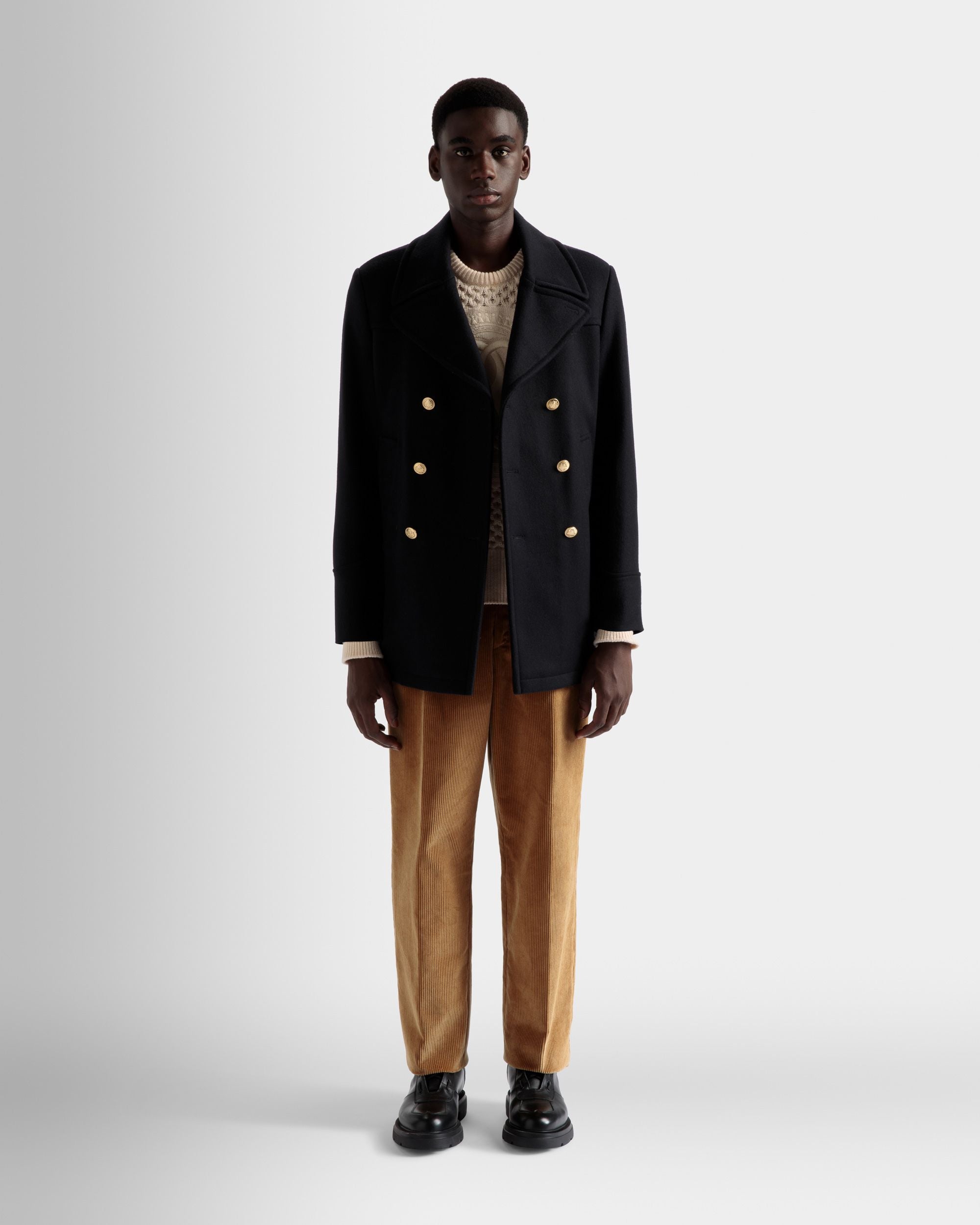 Bally Global - Double Breasted Coat In Navy Wool Mix - Blue