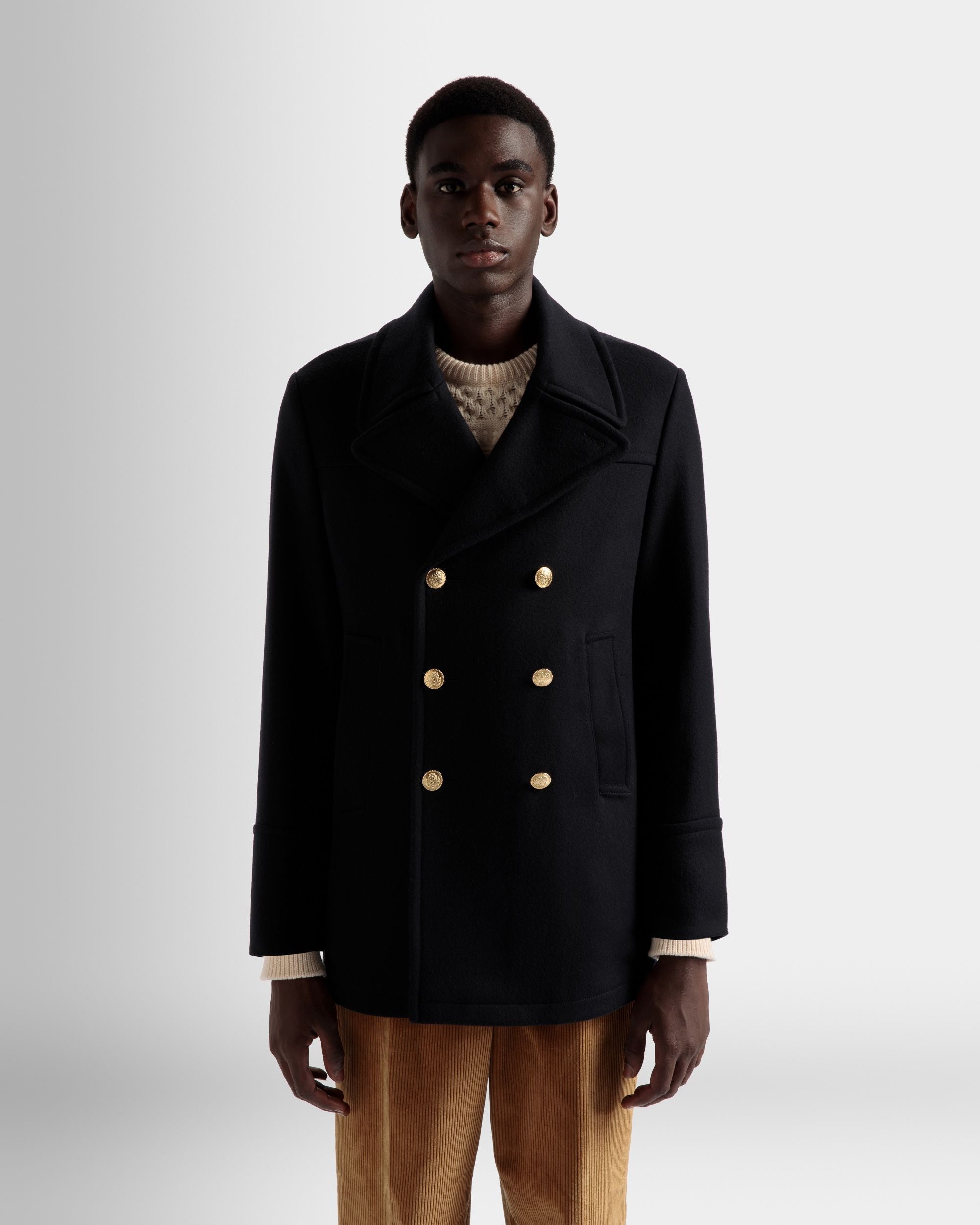 Bally Global - Double Breasted Coat In Navy Wool Mix - Blue